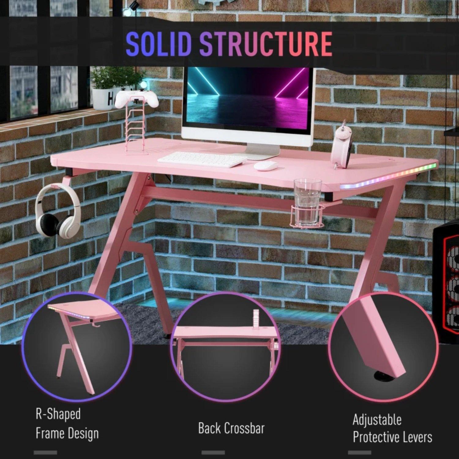 Pink - HOMCOM Gaming - HOMCOM Gaming Desk with LED Lights - 4