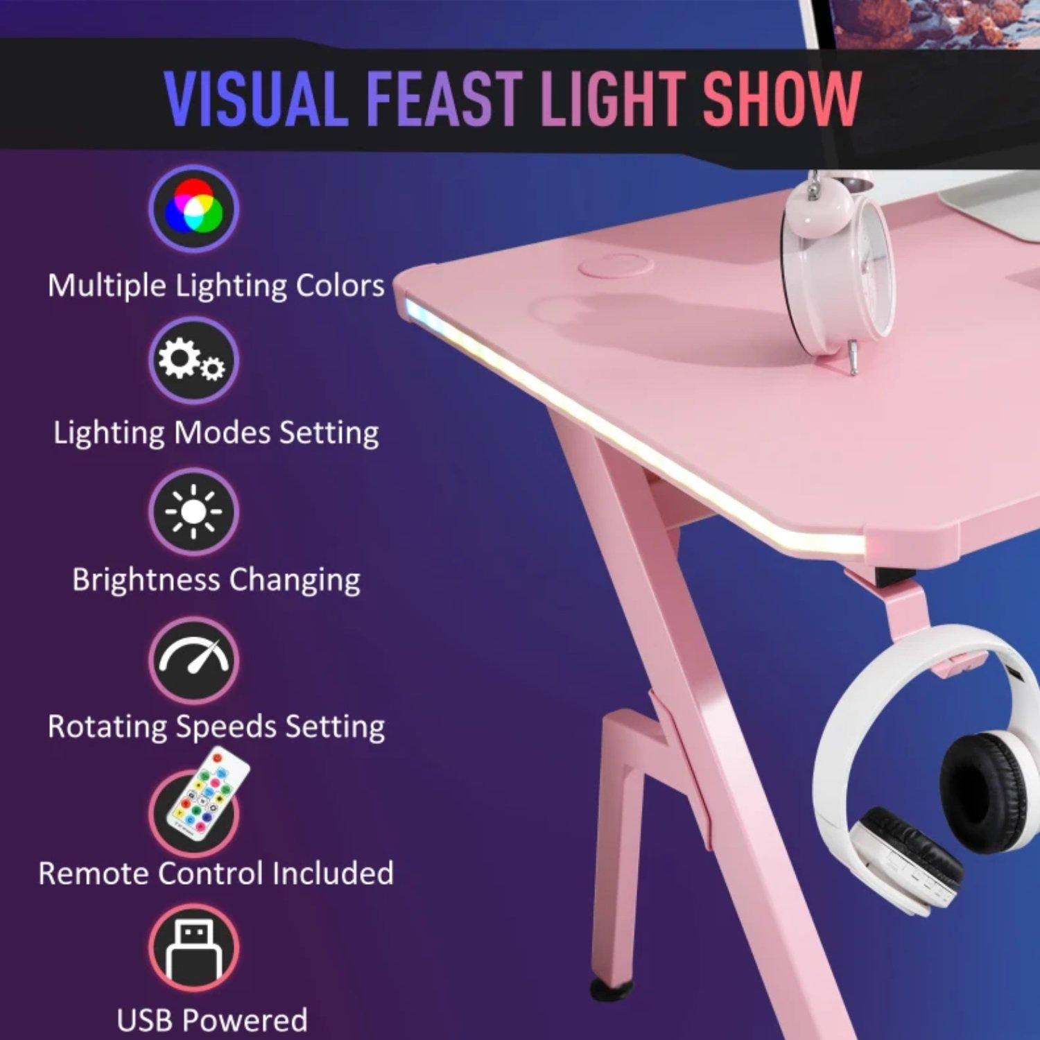 Pink - HOMCOM Gaming - HOMCOM Gaming Desk with LED Lights - 5