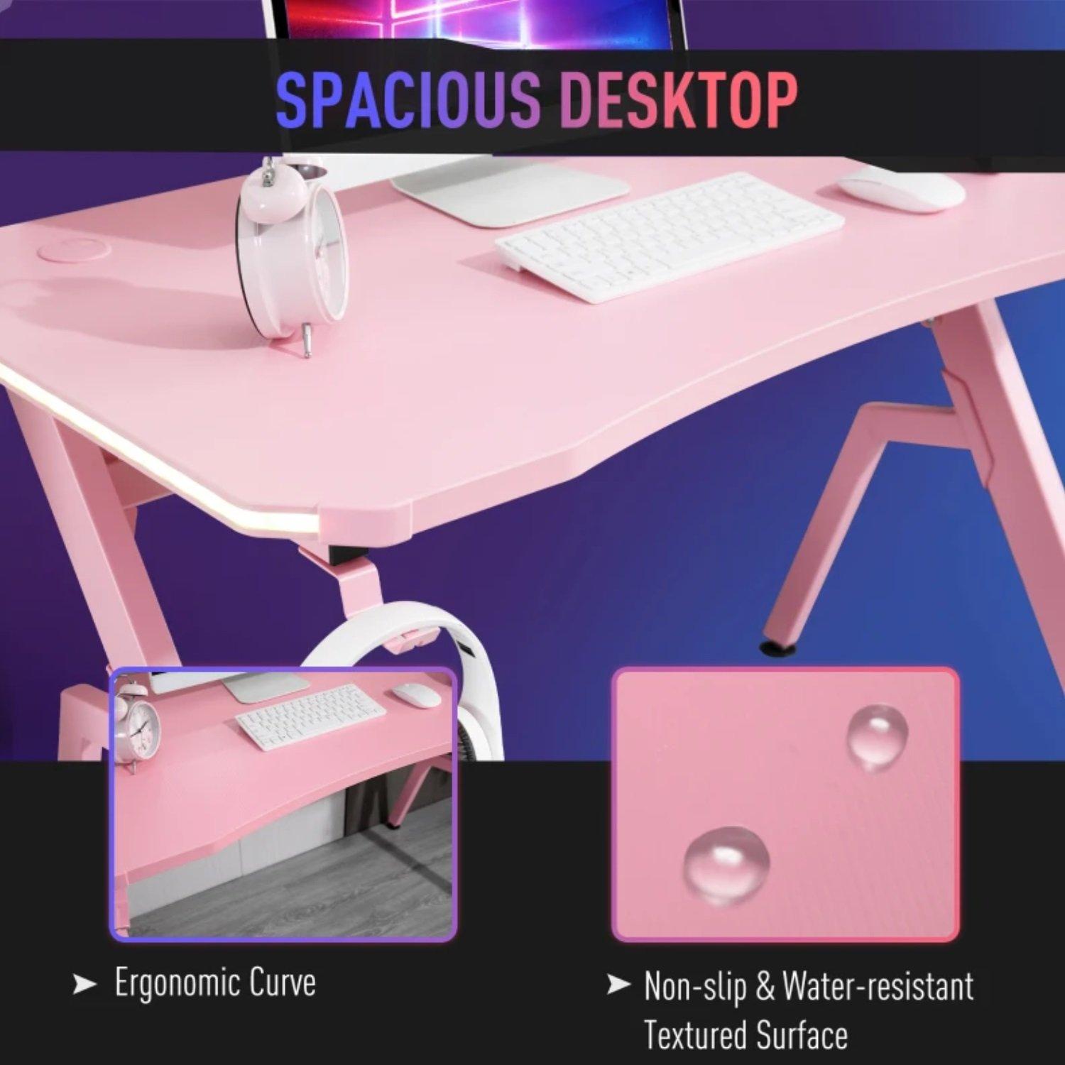 Pink - HOMCOM Gaming - HOMCOM Gaming Desk with LED Lights - 6