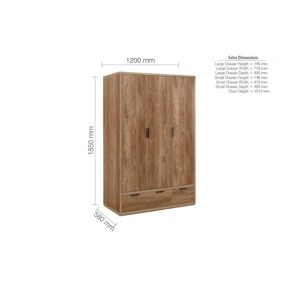 Rustic Oak - Birlea - Stockwell 3 Door 2 Drawer Wardrobe - 5