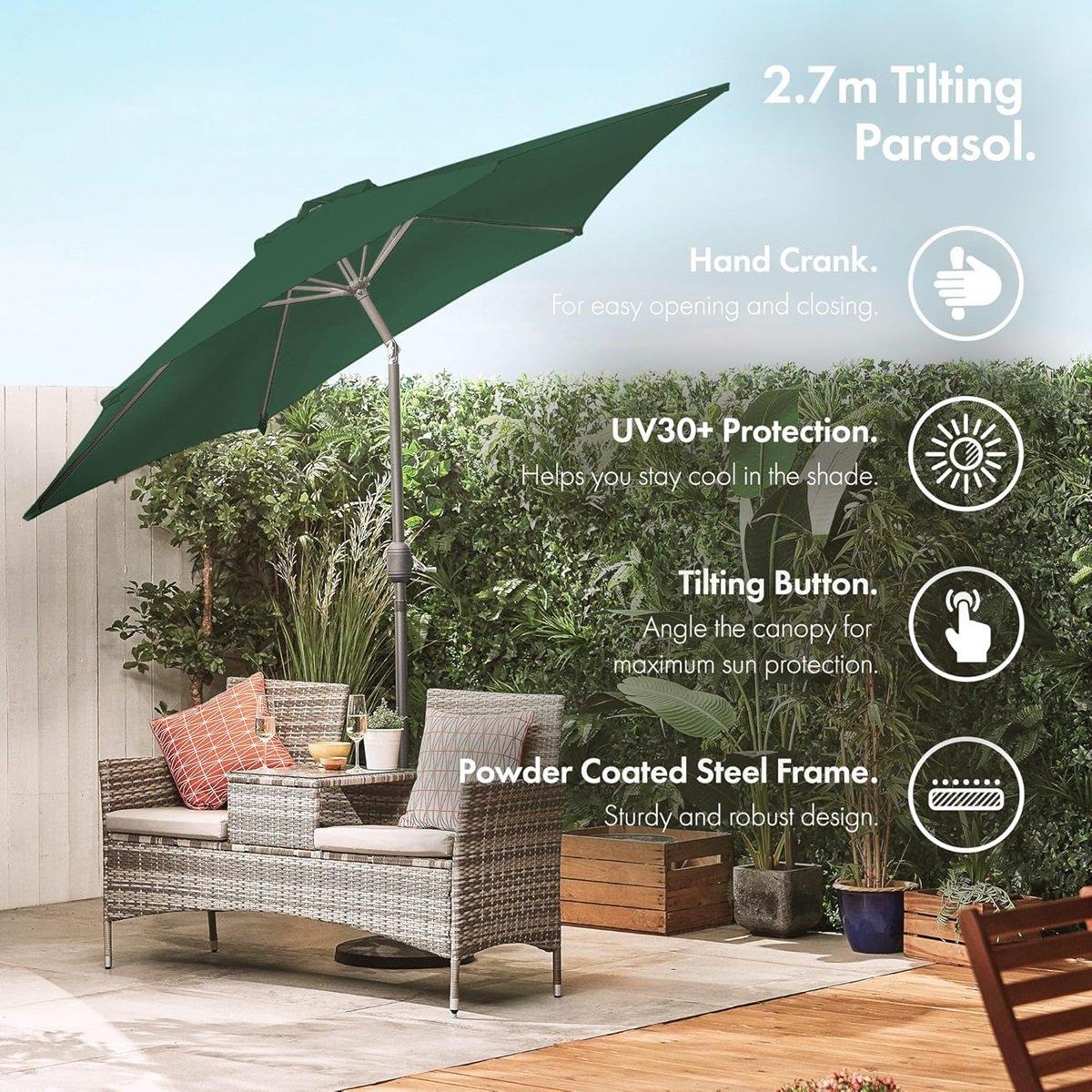 Green - VonHaus - Vonhaus 2.7m Steel Garden Parasol - 2