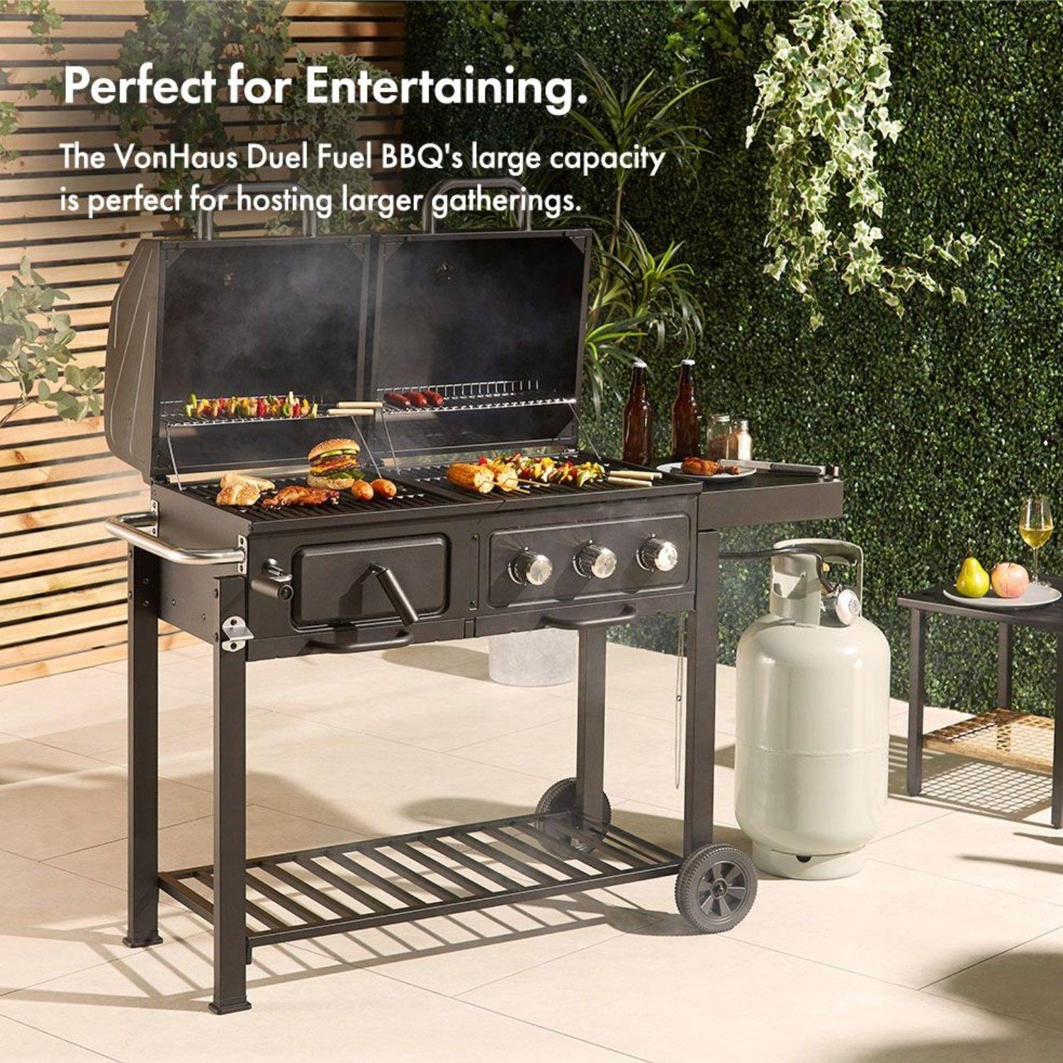 Black - VonHaus - VonHaus Dual Fuel BBQ – 2 in 1 Charcoal & Gas - 2