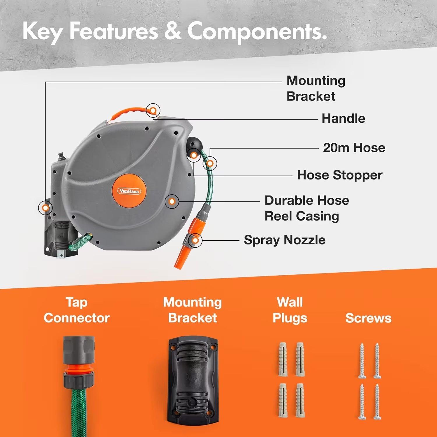 Grey - VonHaus - VonHaus Hose Wall Mounted Hose Auto Rewind - 3