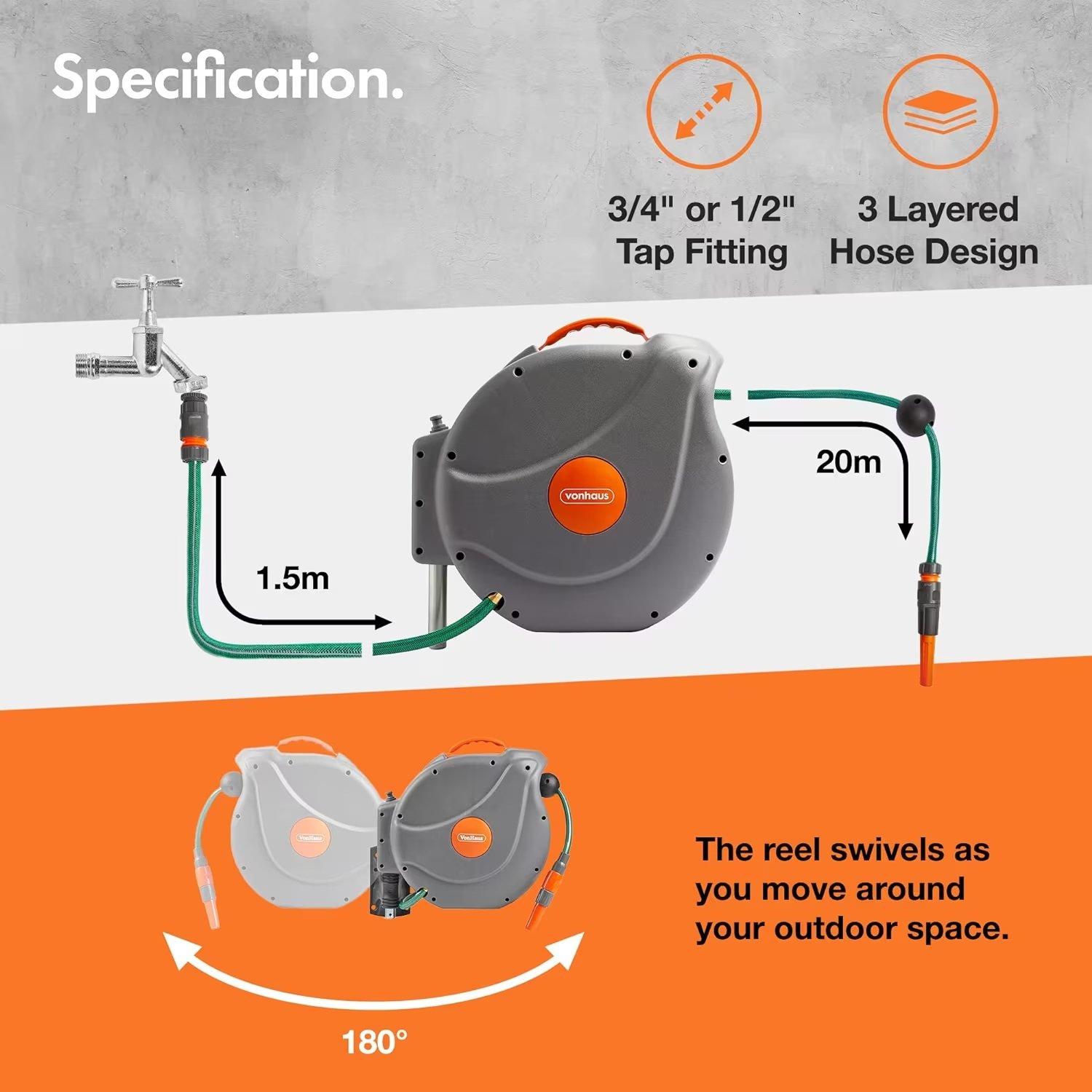 Grey - VonHaus - VonHaus Hose Wall Mounted Hose Auto Rewind - 4