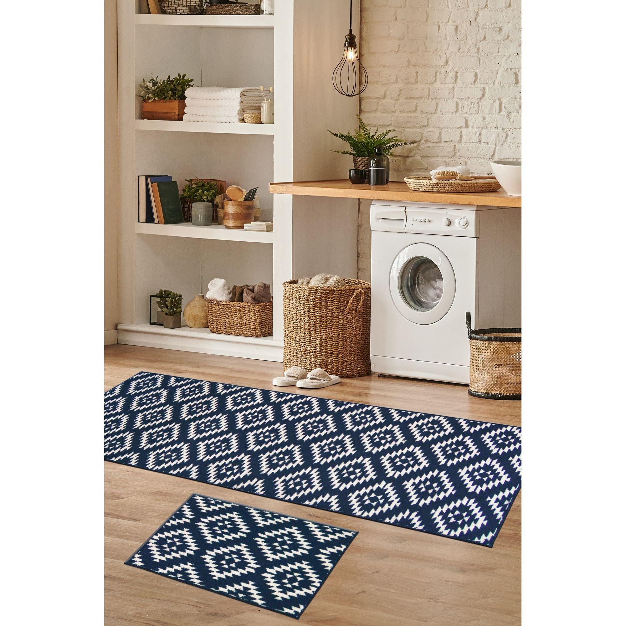 Homemaker  Aztec Tile Runner & Mat Set - Navy - 57x150cm