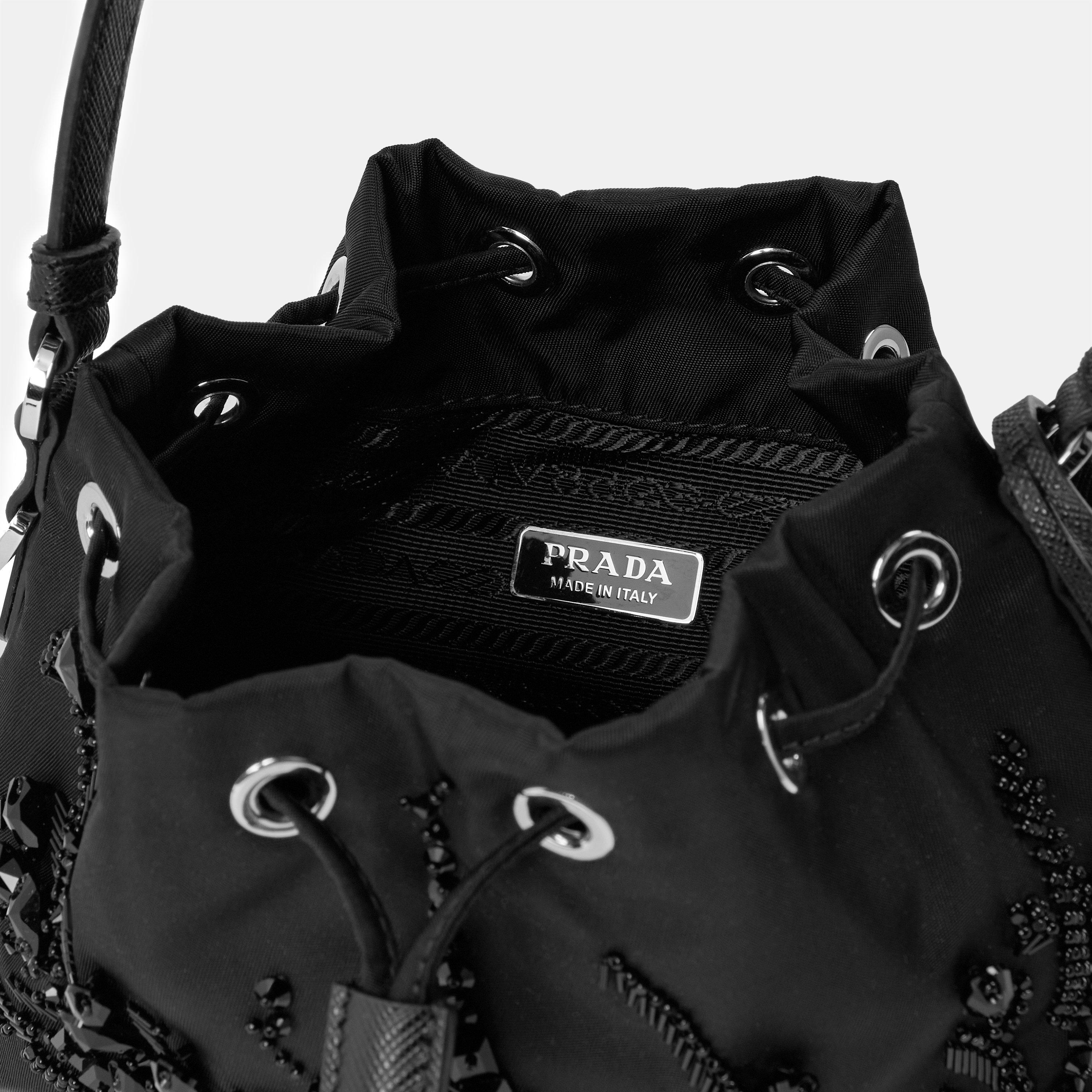 Nero - Prada - Embroidered Re-Nylon Mini Bucket Bag - 5