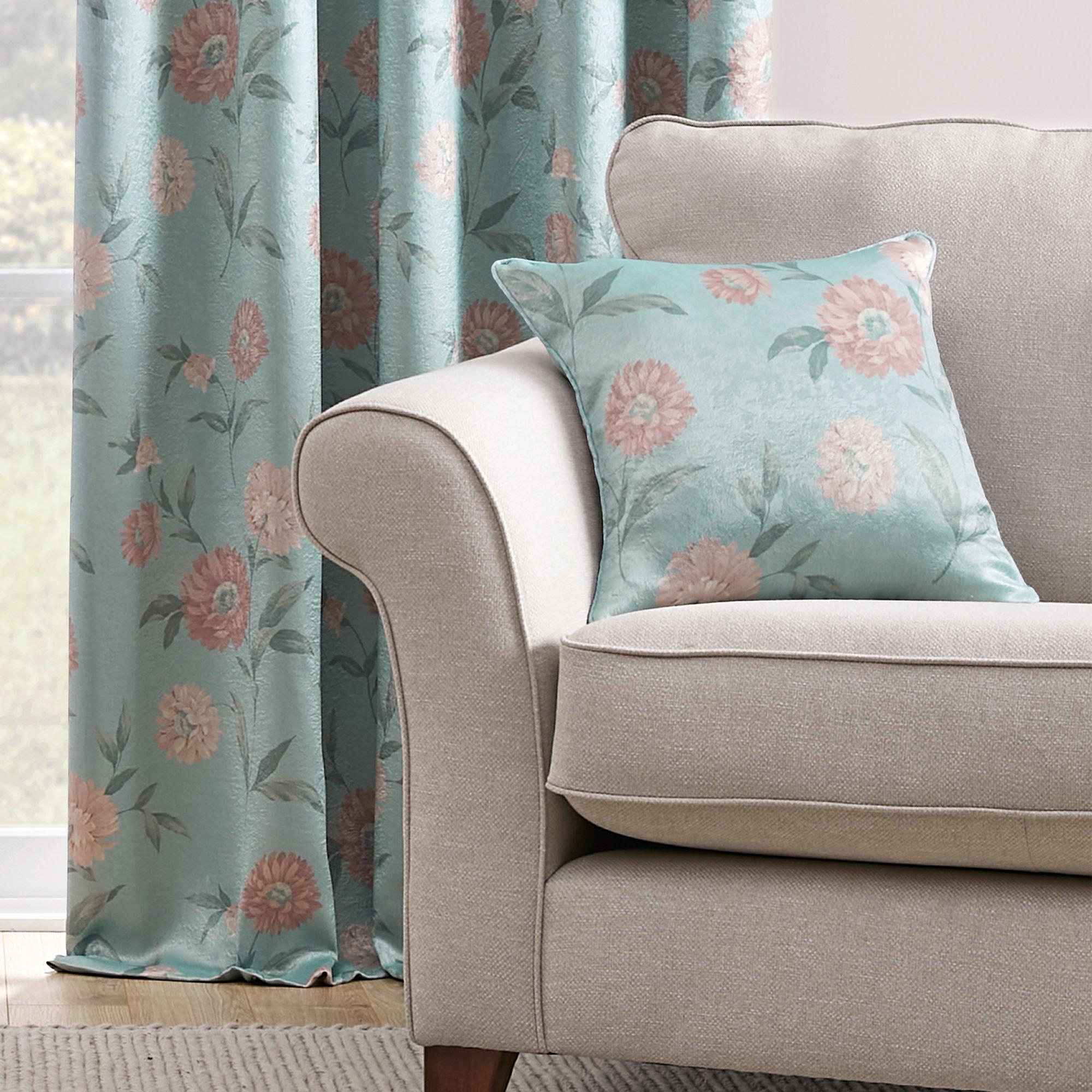 Dreams And Drapes  Dahlia Hand Drawn Floral Filled Cushion - Duck Egg - 43 x 43cm