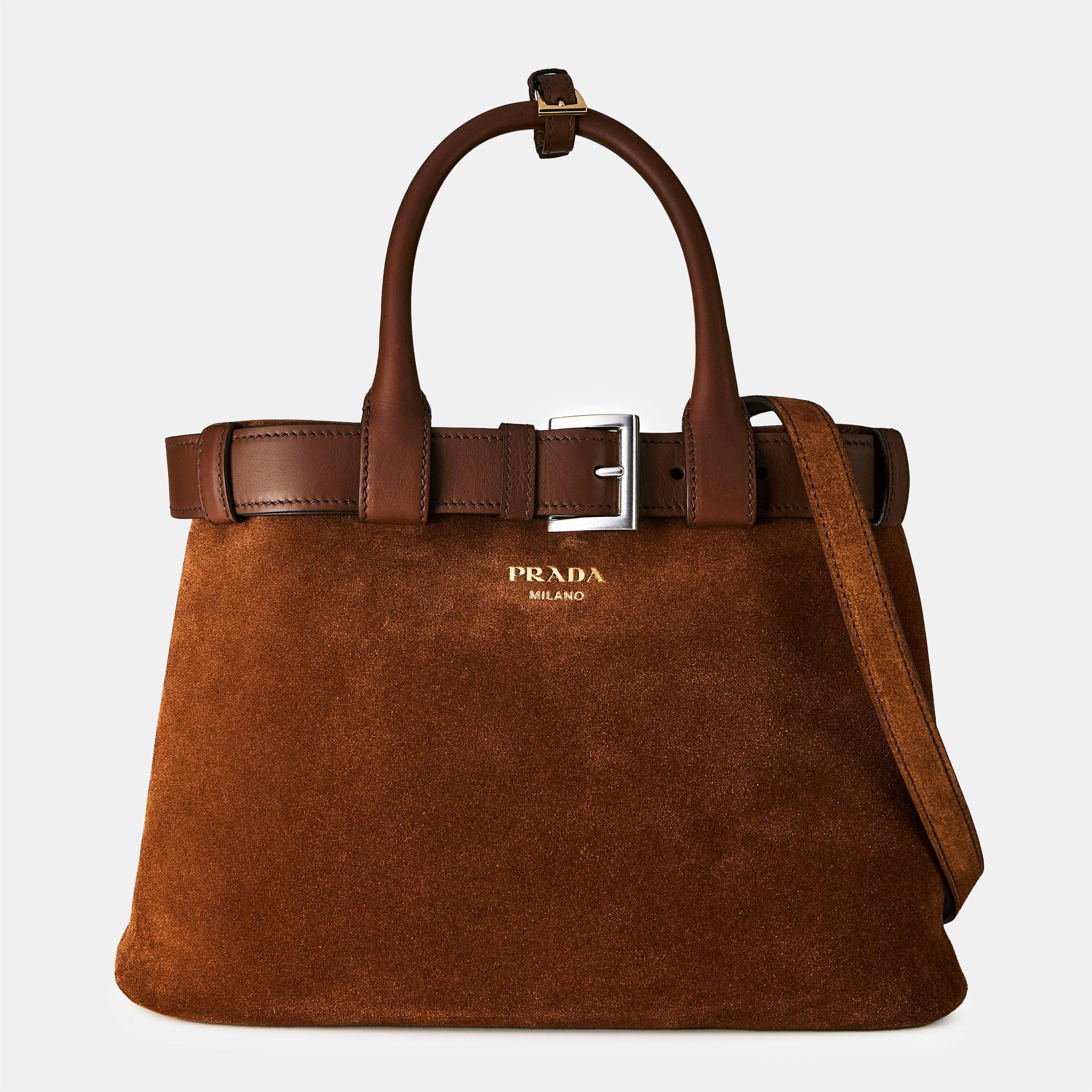 Cacao - Prada - Medium Belt Buckle Suede Bag With Belt - 1
