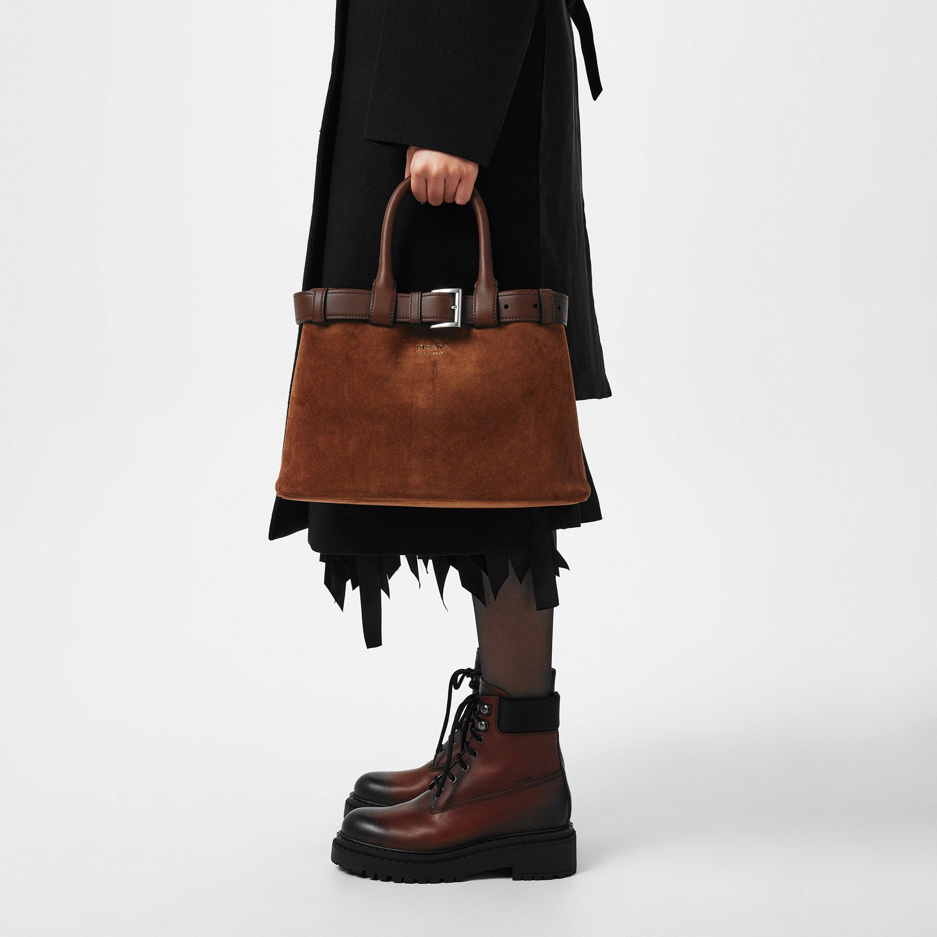 Cacao - Prada - Medium Belt Buckle Suede Bag With Belt - 3