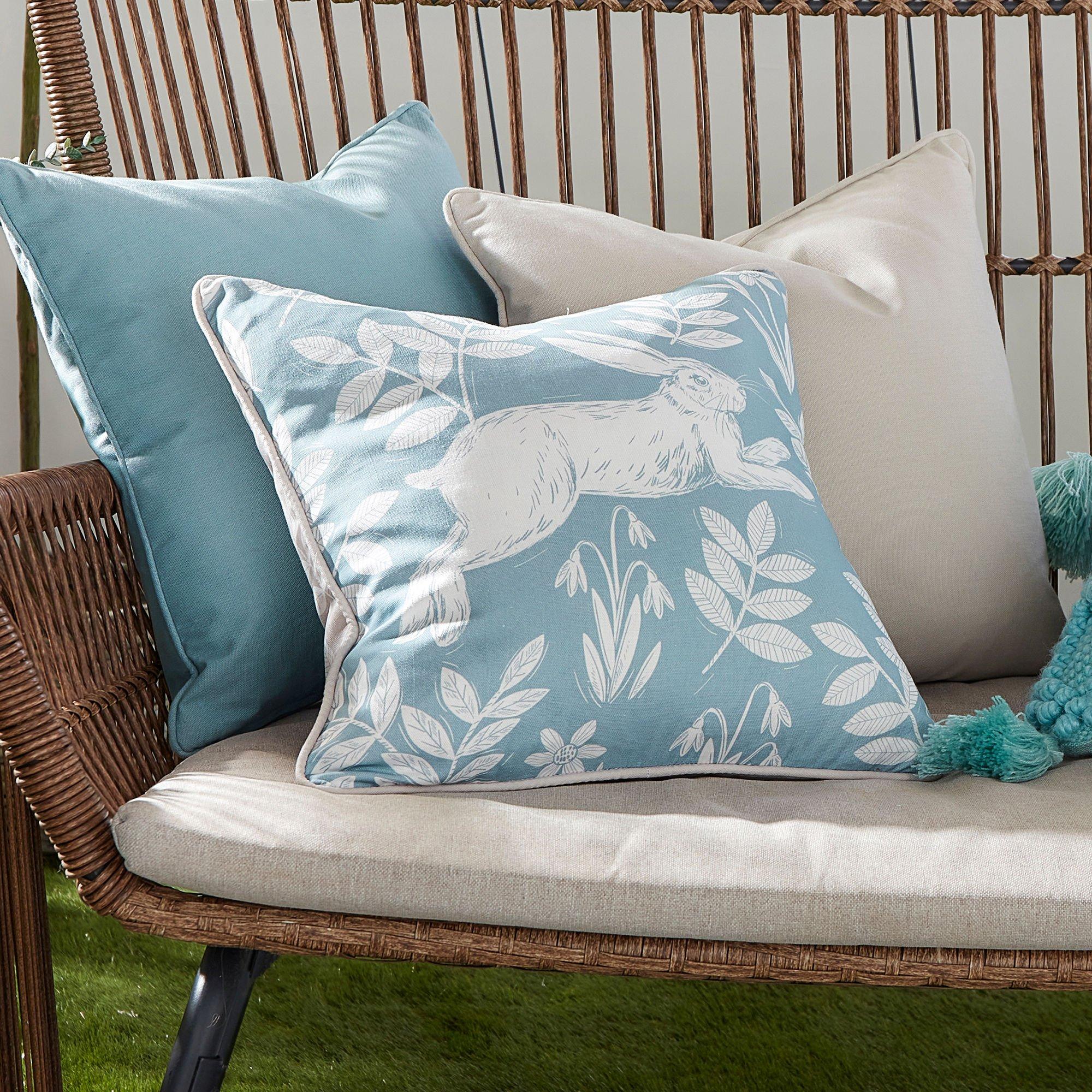 Dreams And Drapes  Illustrated Spring Rabbit Indoor Outdoor Cushion - Duck Egg - 43 x 43cm
