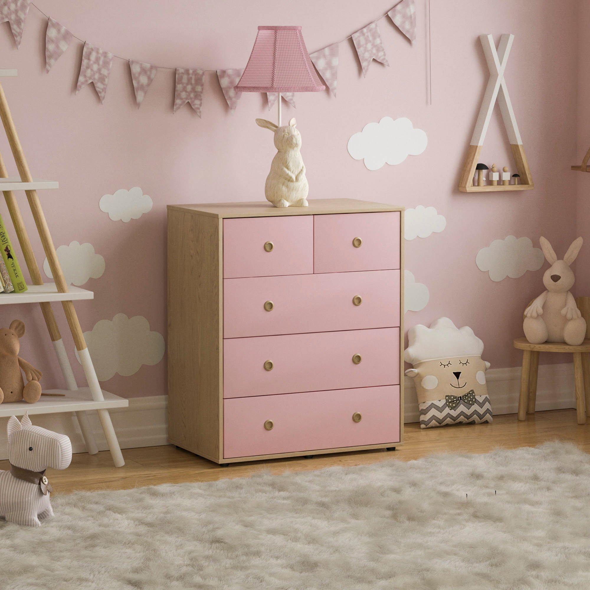 Lassic  Junior Vida Neptune 5 Drawer Chest - Pink & Oak - 5 Drawer