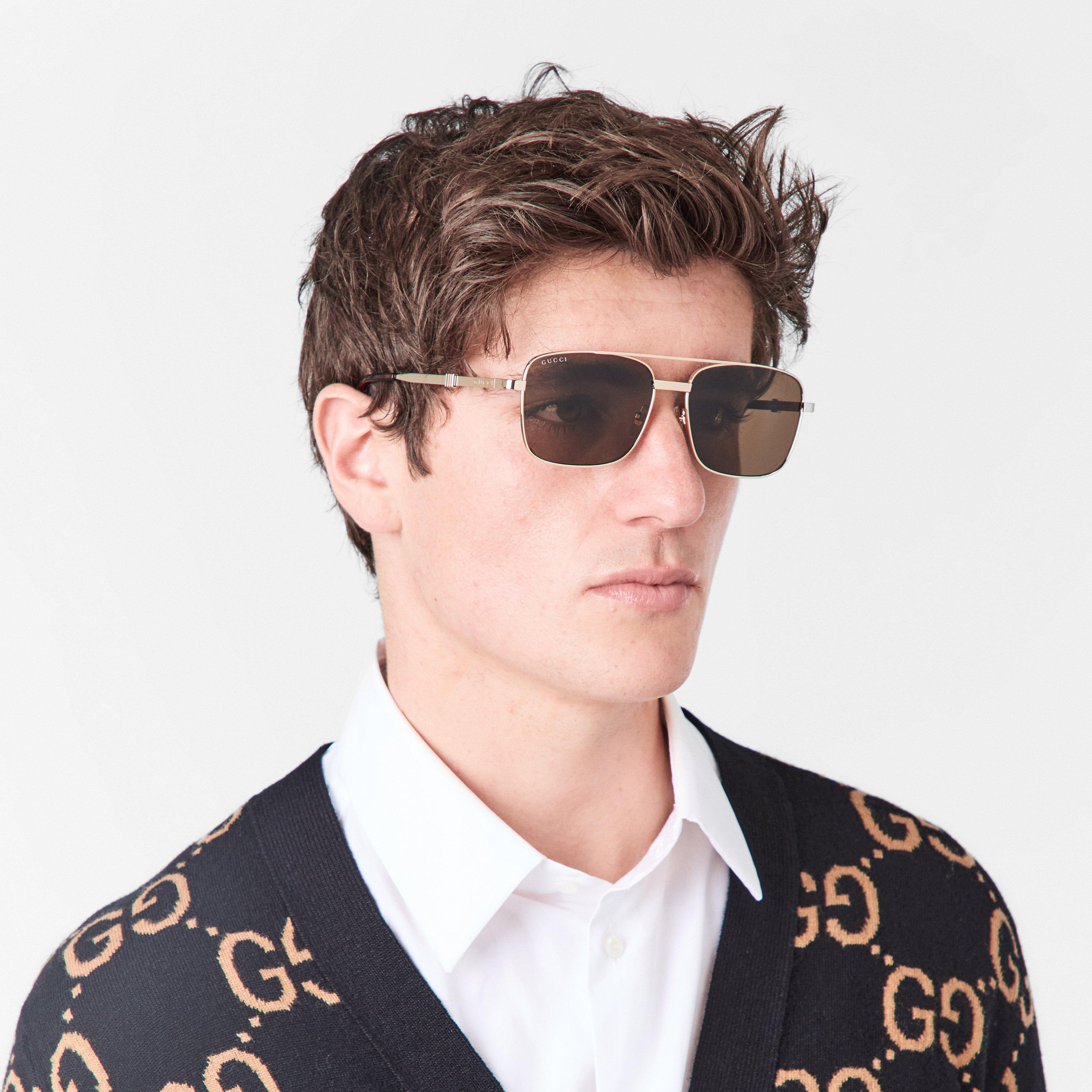 Gold/Brown - Gucci - Web Pattern Sunglasses - 3