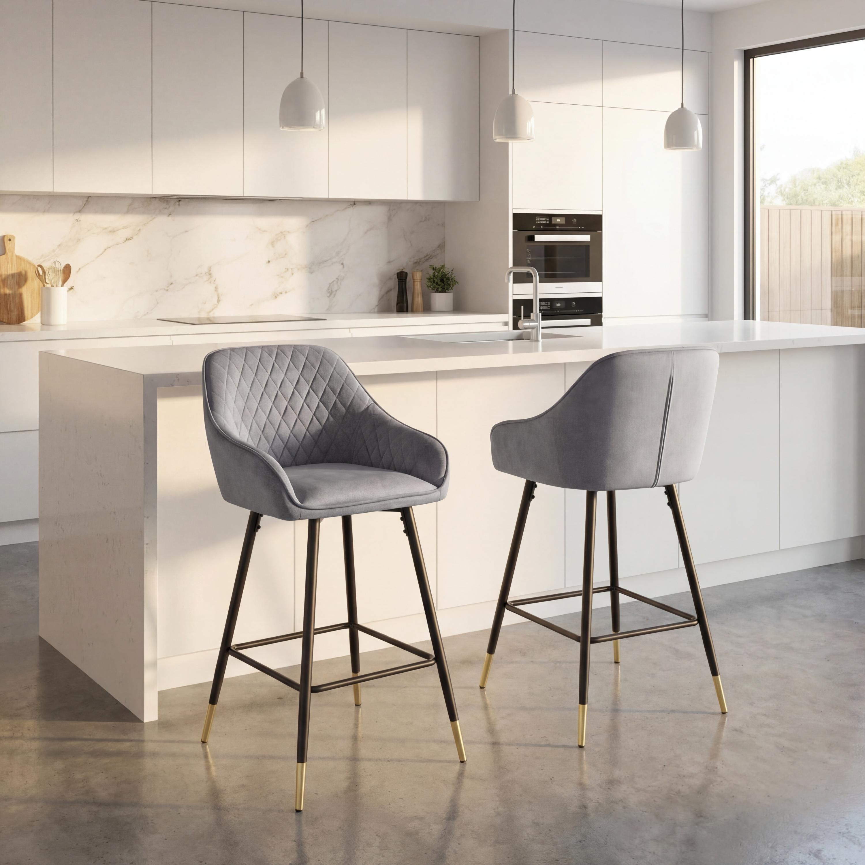 Grey - Shankar - Set of 2 Savanna Brushed Velvet Grey Bar Stools - 1