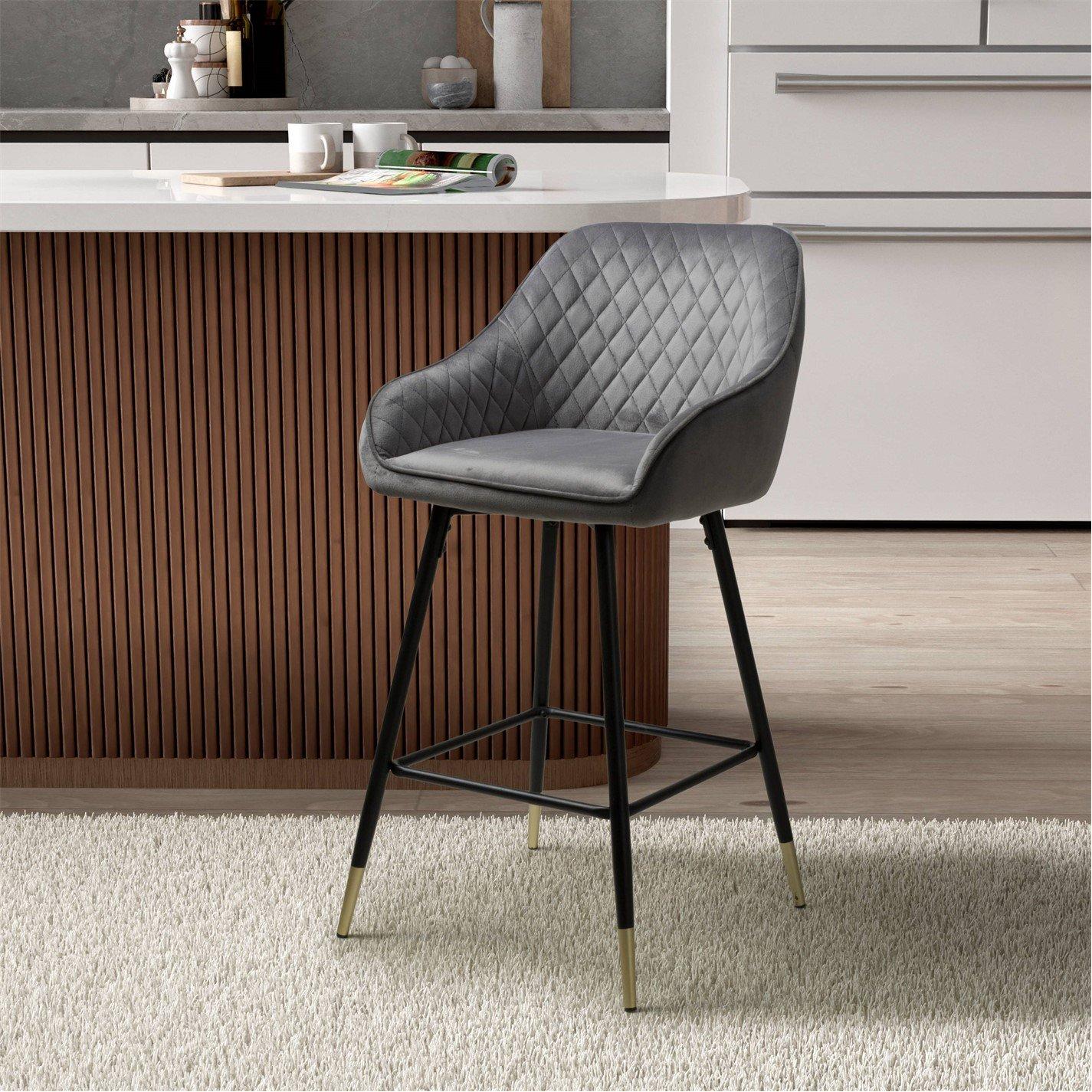 Grey - Shankar - Set of 2 Savanna Brushed Velvet Grey Bar Stools - 8