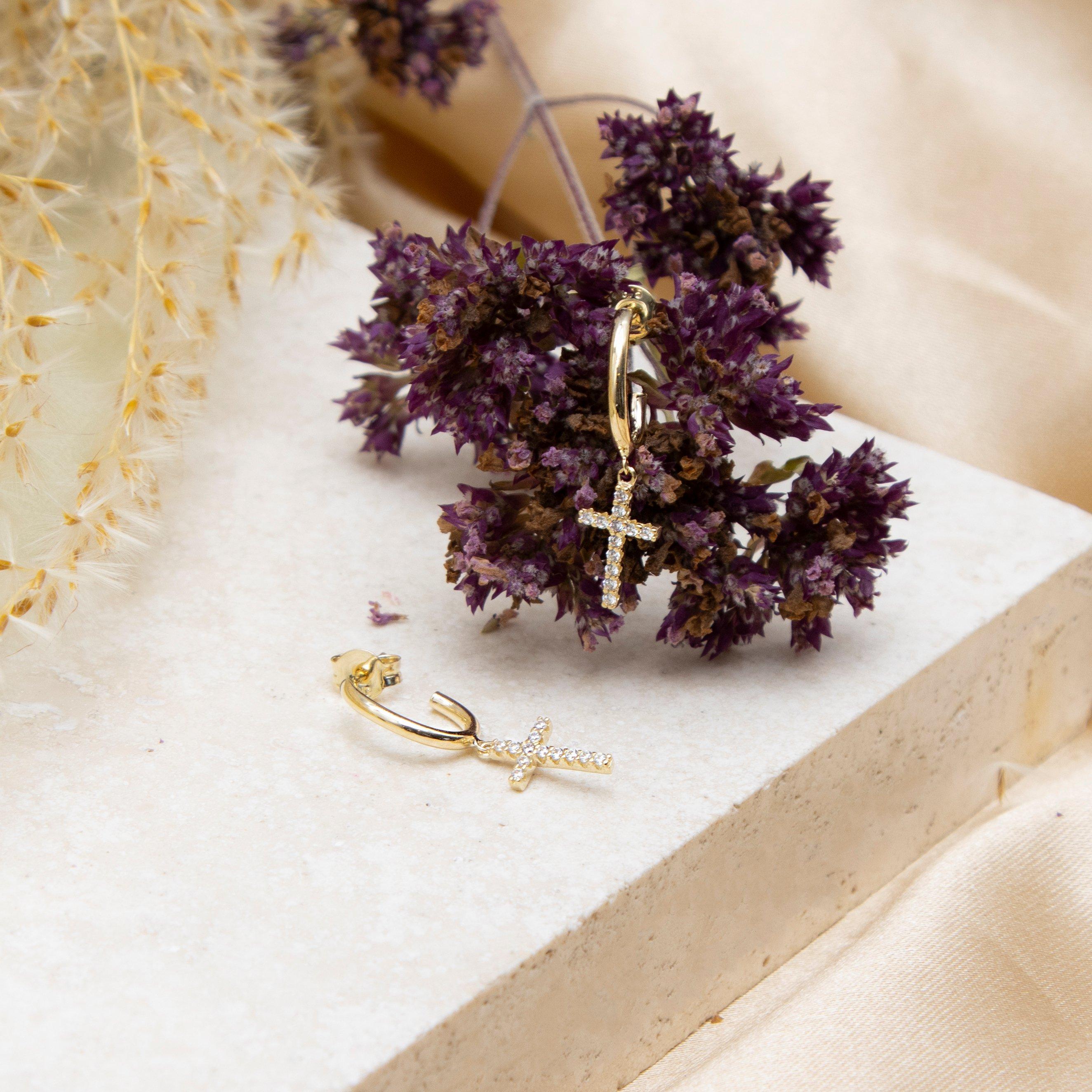 Yellow Gold - Be You - 9ct Gold CZ Cross Drop Studs - 3