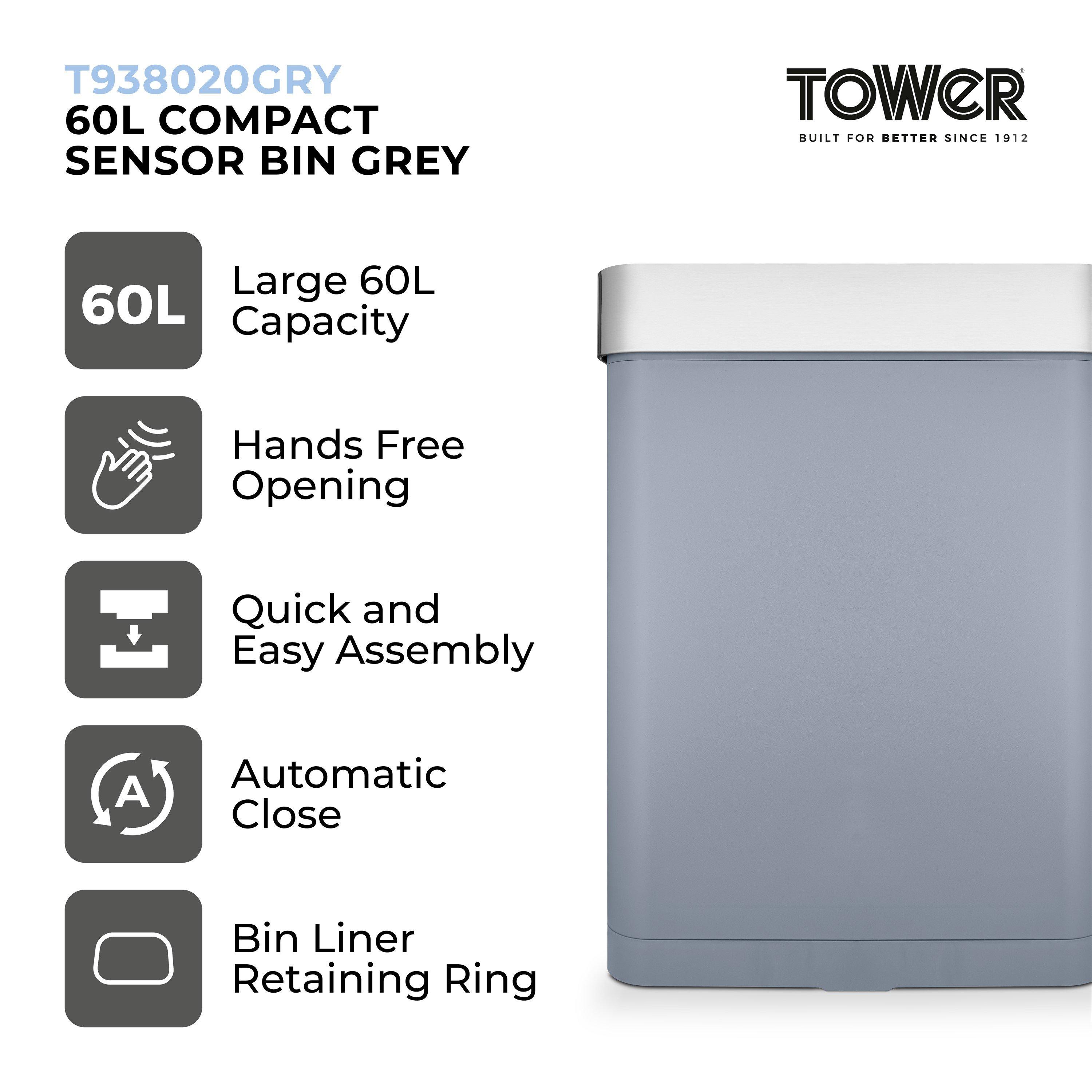 Grey - Tower - 60L Compact Sensor Bin Grey - 2