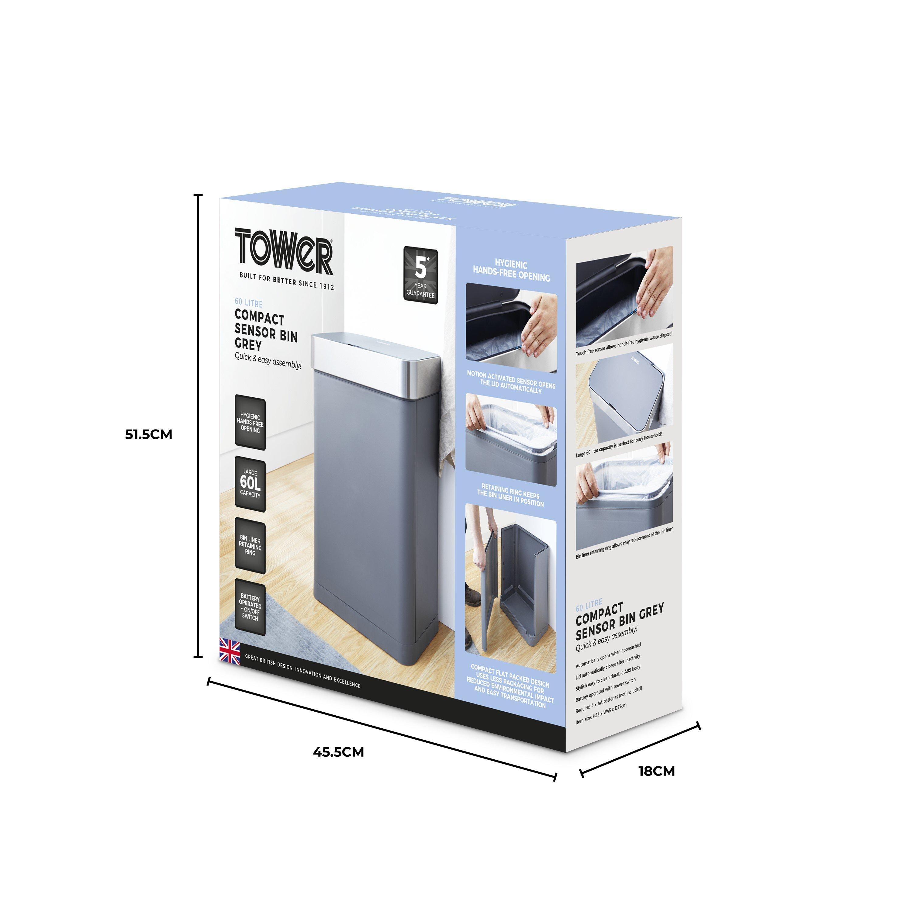 Grey - Tower - 60L Compact Sensor Bin Grey - 10