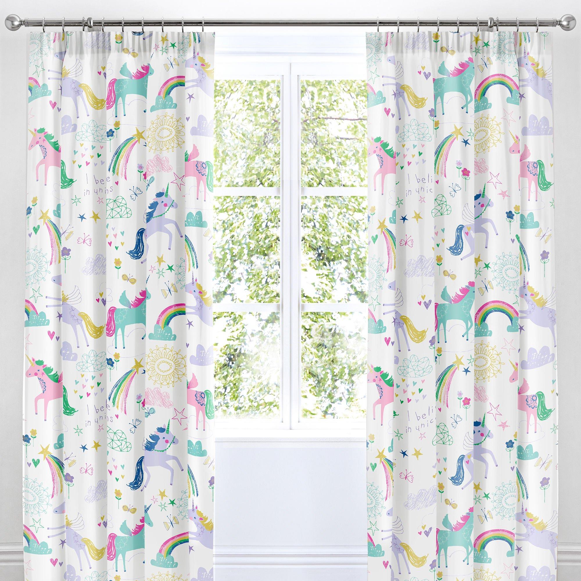 Bedlam  Rainbow Unicorn Kids Bedroom Pencil Pleat Curtains - White - 66x72in