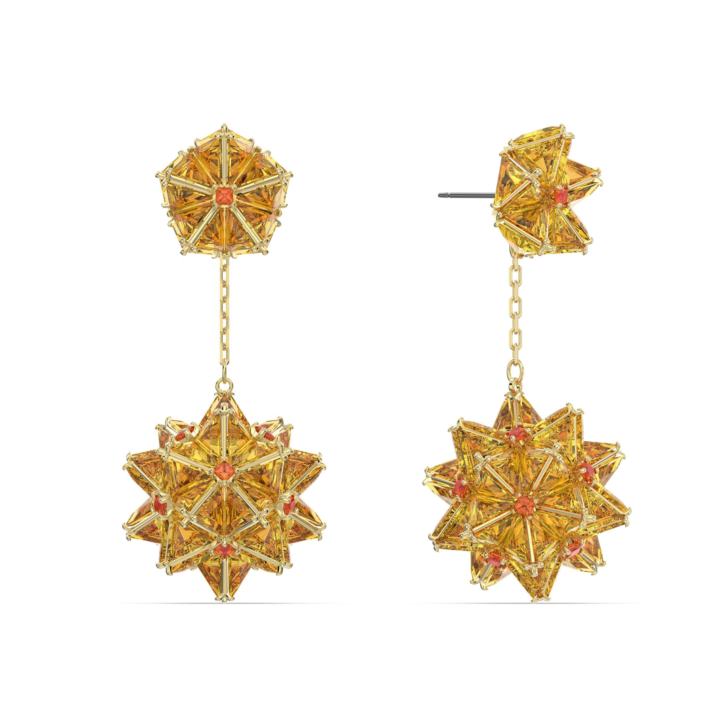 Orangy Yellow - Swarovski - Curiosa drop earrings, Geometric cut, Orange, Gold-tone plated - 3