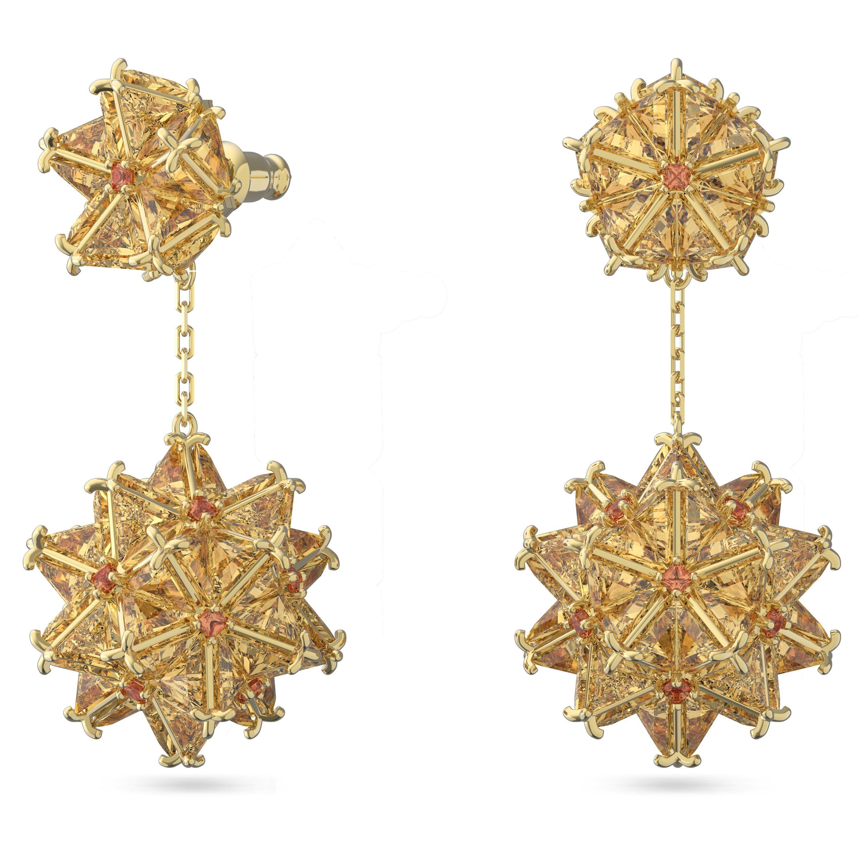 Orangy Yellow - Swarovski - Curiosa drop earrings, Geometric cut, Orange, Gold-tone plated - 4