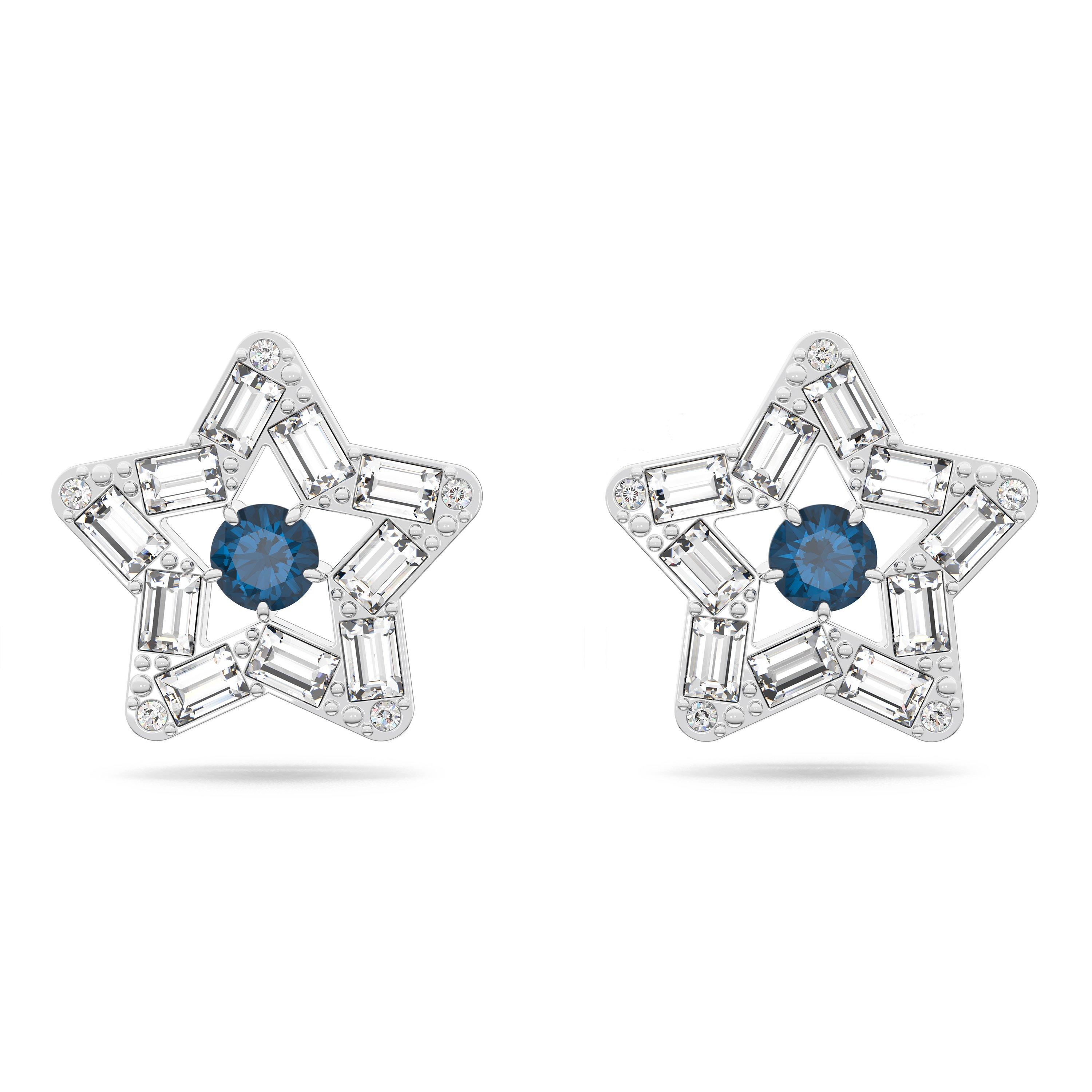 Crystal - Swarovski - Stella stud earrings, Mixed cuts, Star, Blue, Rhodium plated - 1