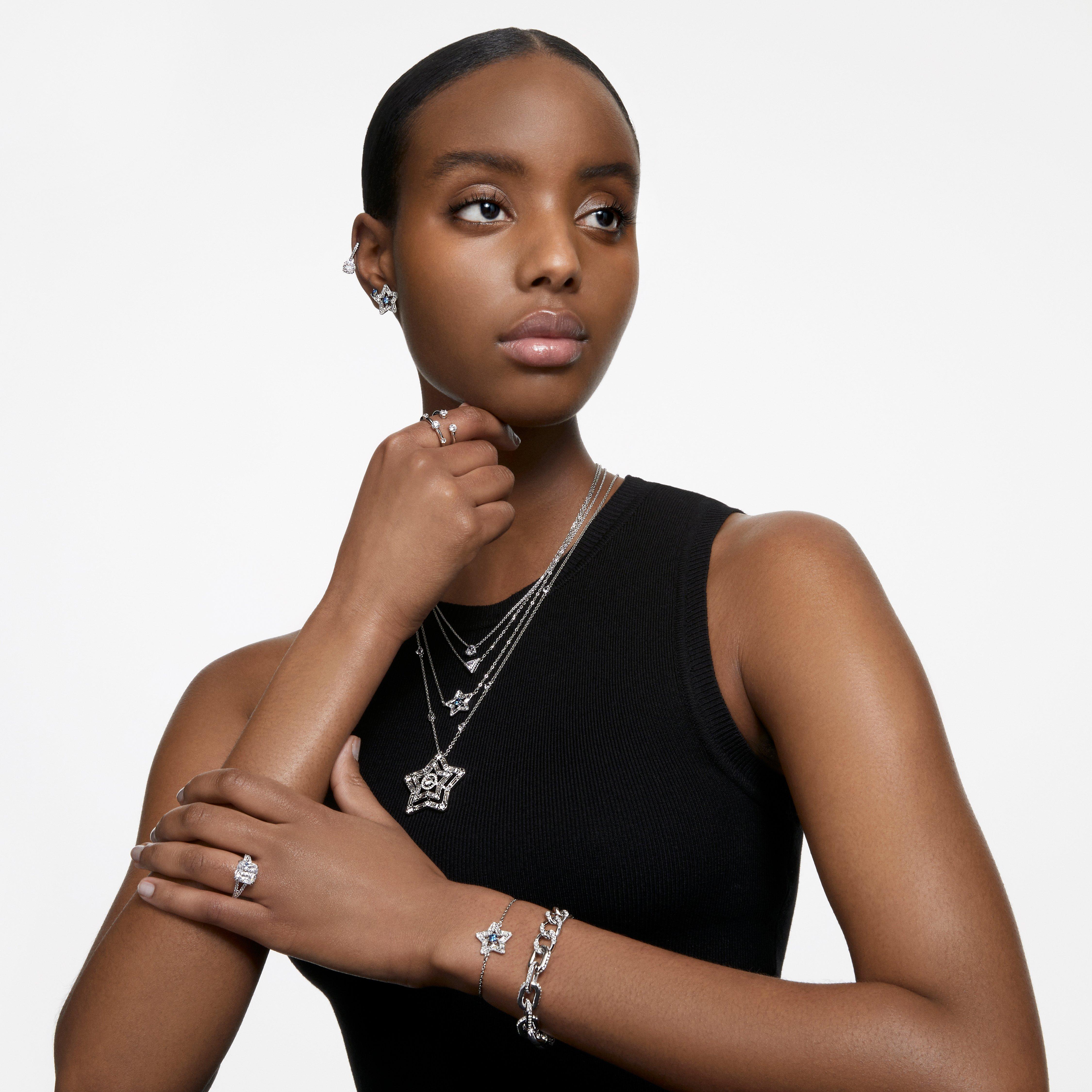 Crystal - Swarovski - Stella stud earrings, Mixed cuts, Star, Blue, Rhodium plated - 2