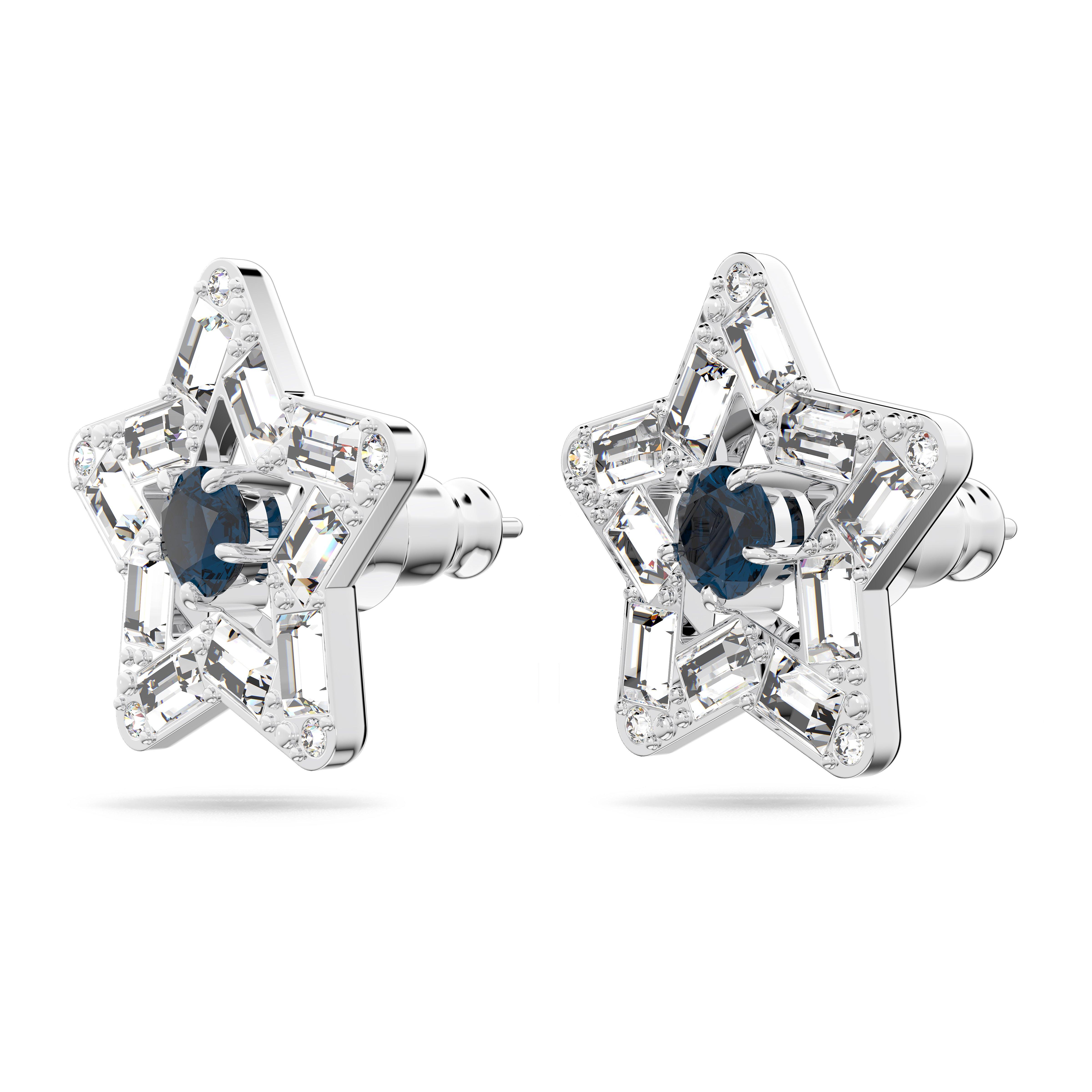 Crystal - Swarovski - Stella stud earrings, Mixed cuts, Star, Blue, Rhodium plated - 3