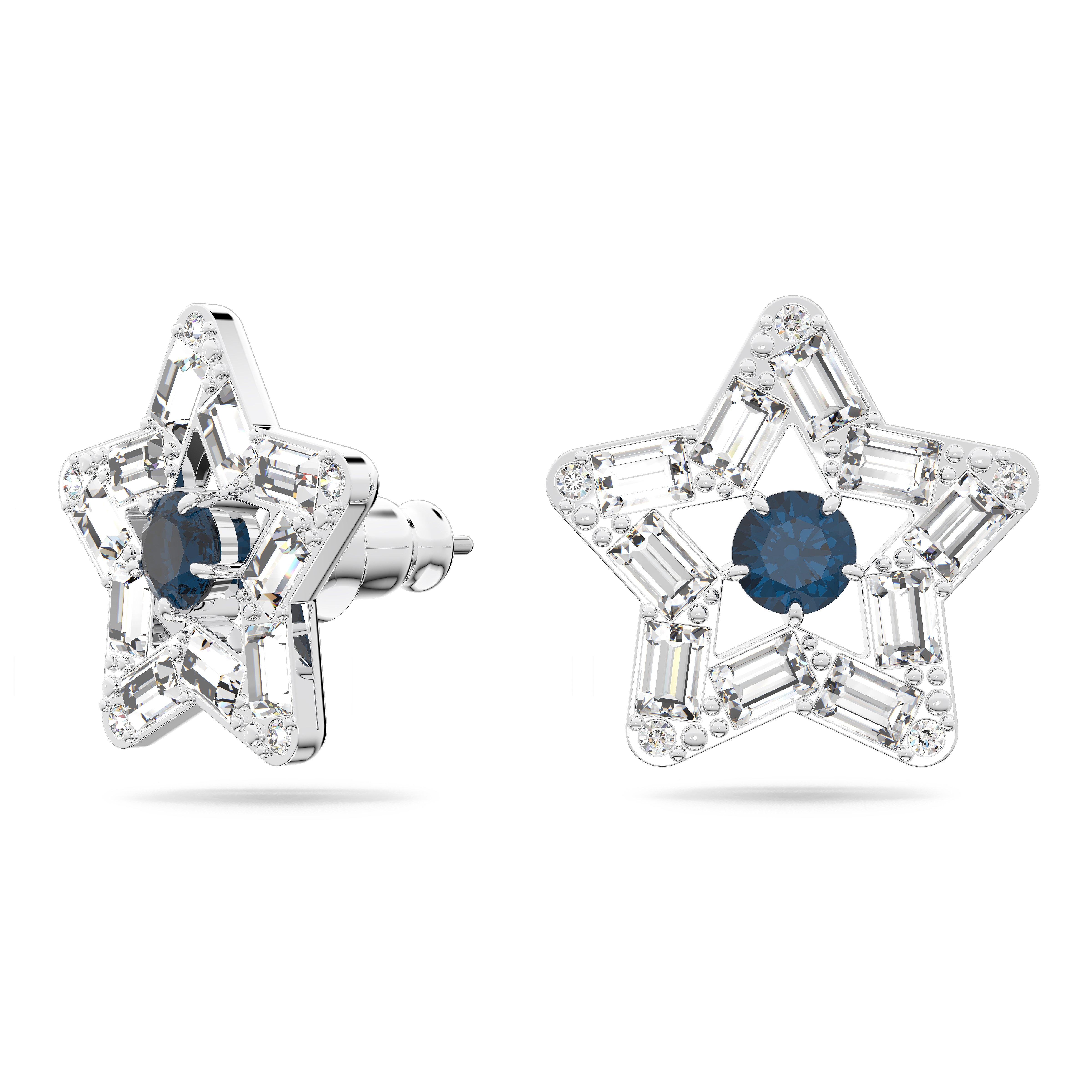 Crystal - Swarovski - Stella stud earrings, Mixed cuts, Star, Blue, Rhodium plated - 4