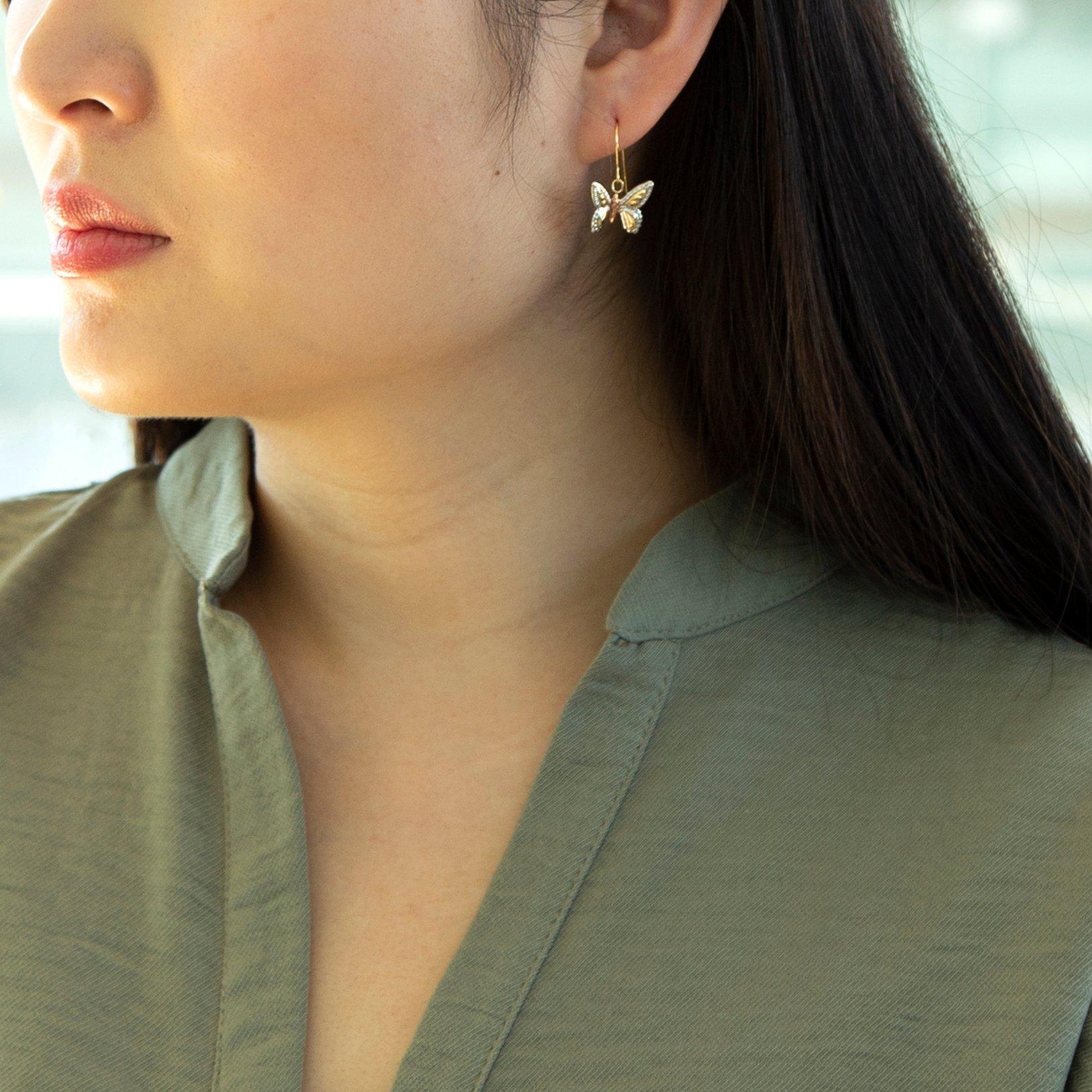 2-Tone - Be You - 9ct Gold 3-Colour Butterfly Drop Earrings - 2