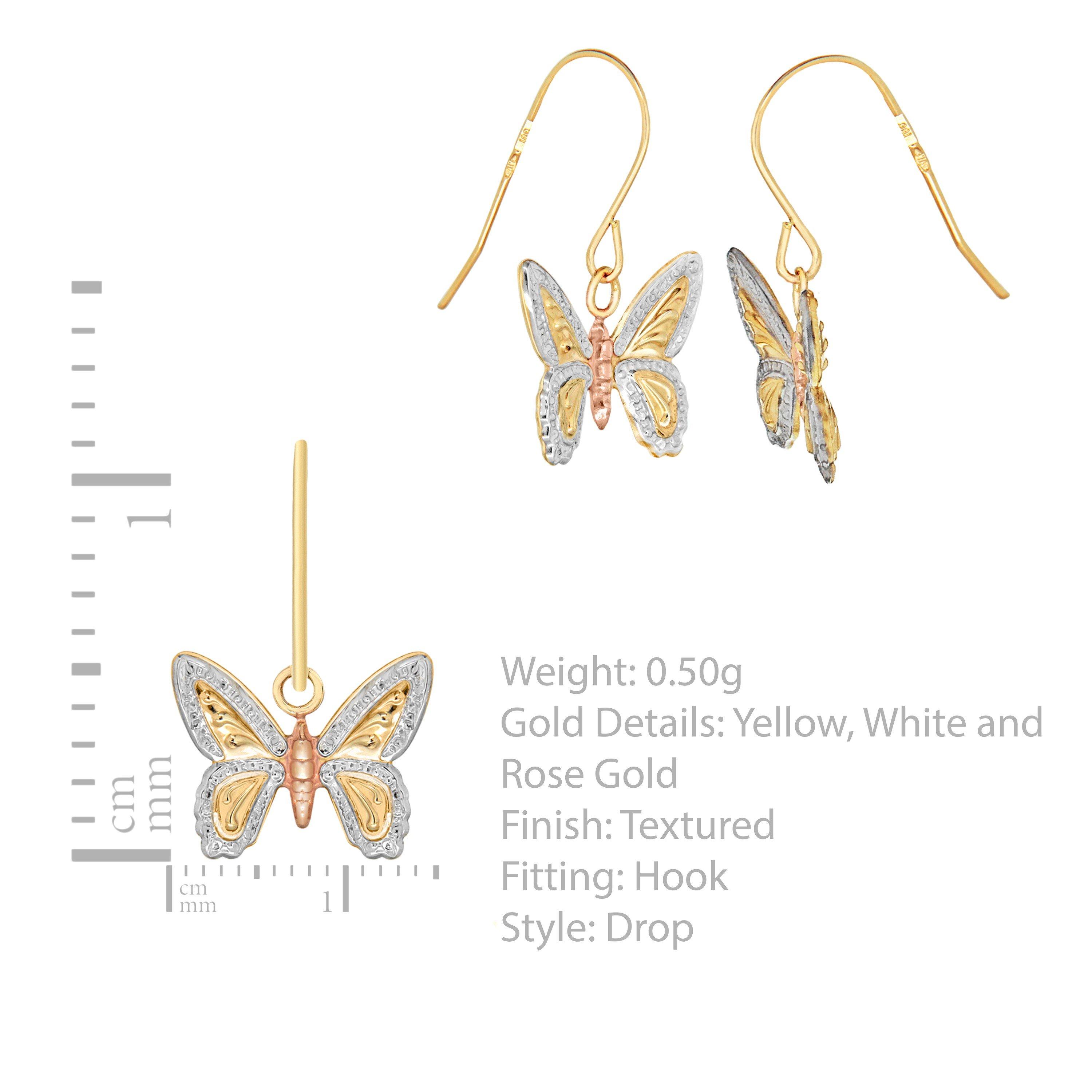 2-Tone - Be You - 9ct Gold 3-Colour Butterfly Drop Earrings - 3