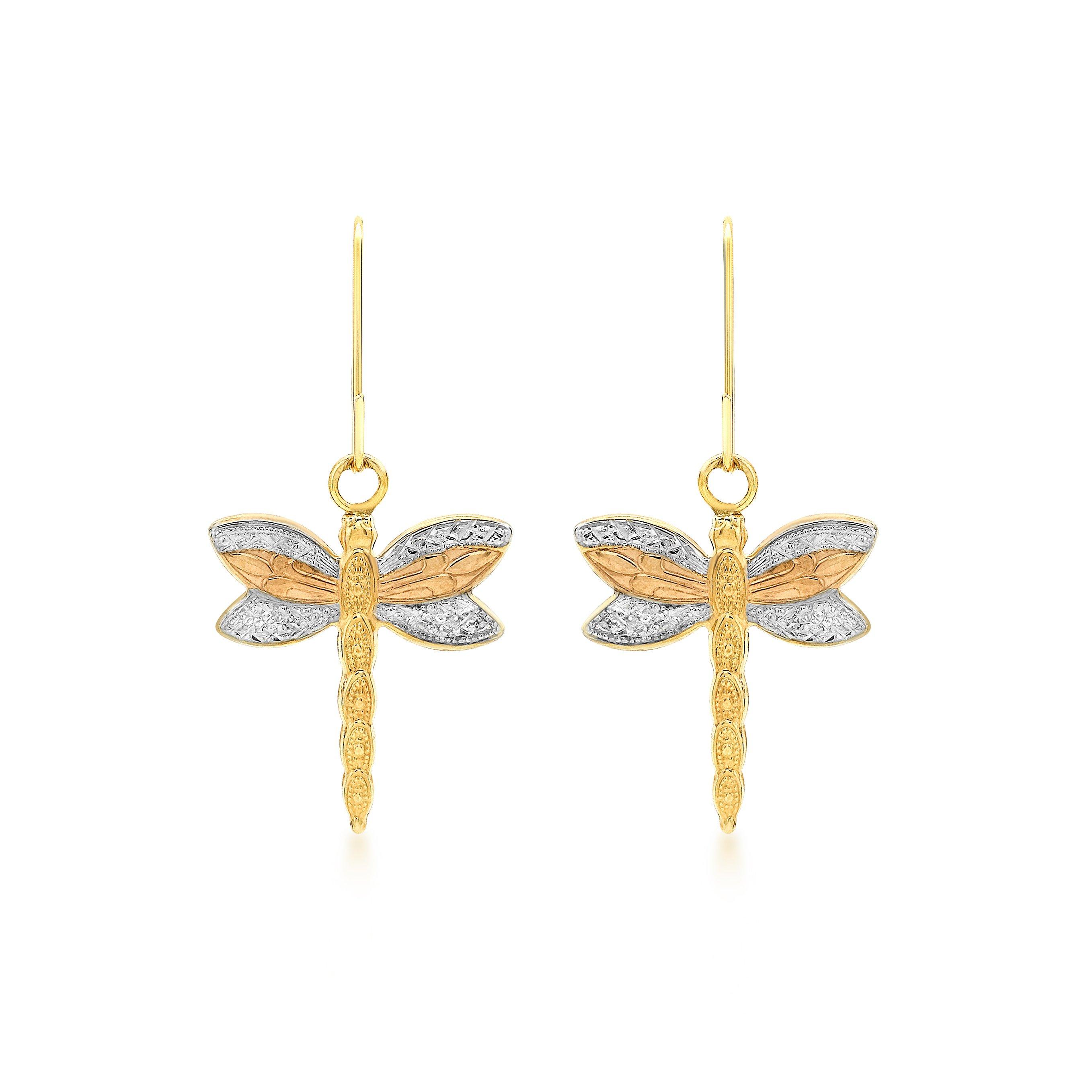 2-Tone - Be You - 9ct Gold 3-Colour Dragonfly Drop Earrings - 1
