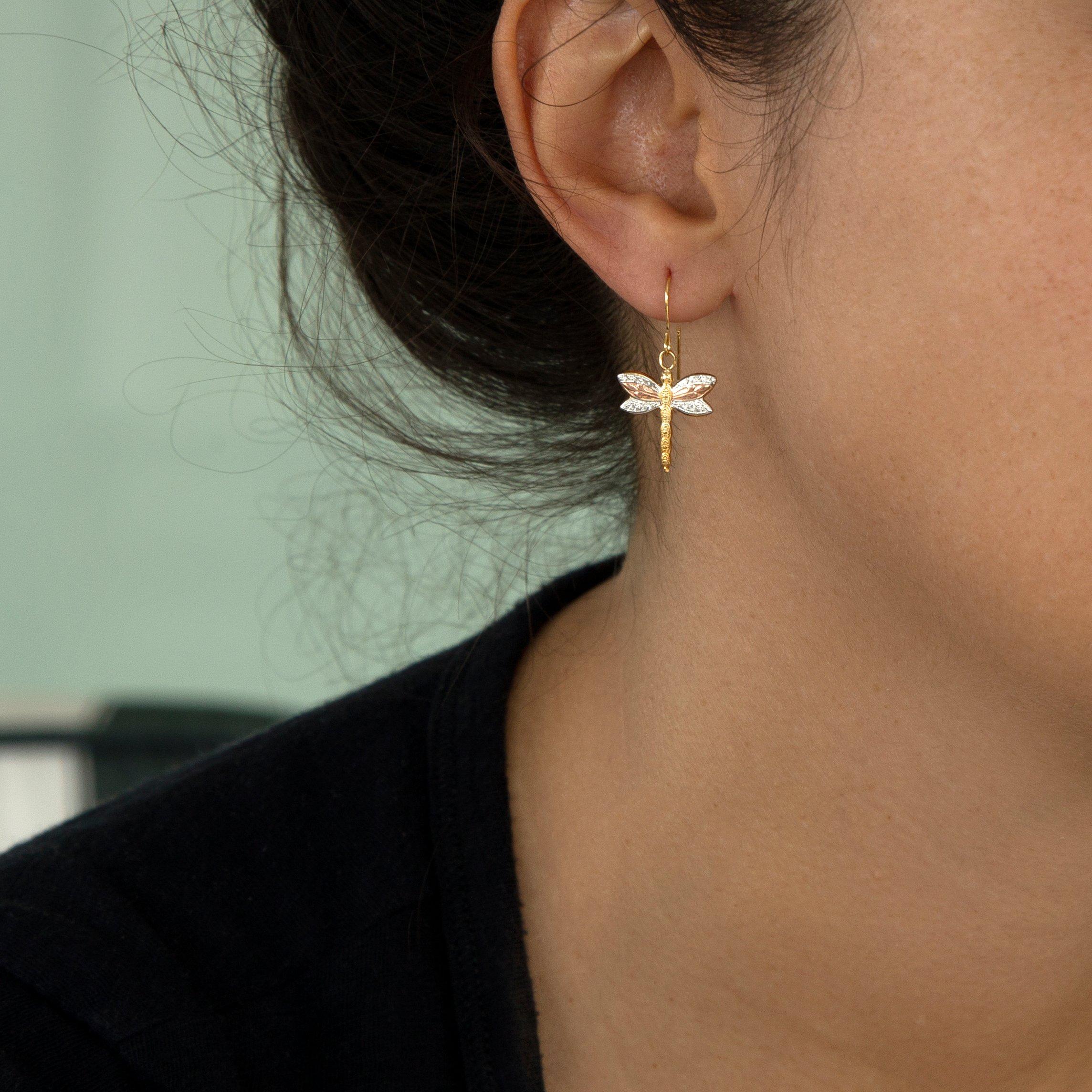 2-Tone - Be You - 9ct Gold 3-Colour Dragonfly Drop Earrings - 2