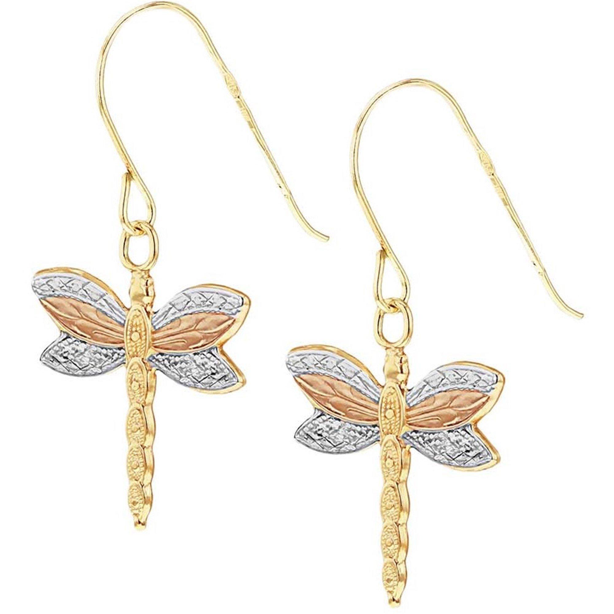 2-Tone - Be You - 9ct Gold 3-Colour Dragonfly Drop Earrings - 3
