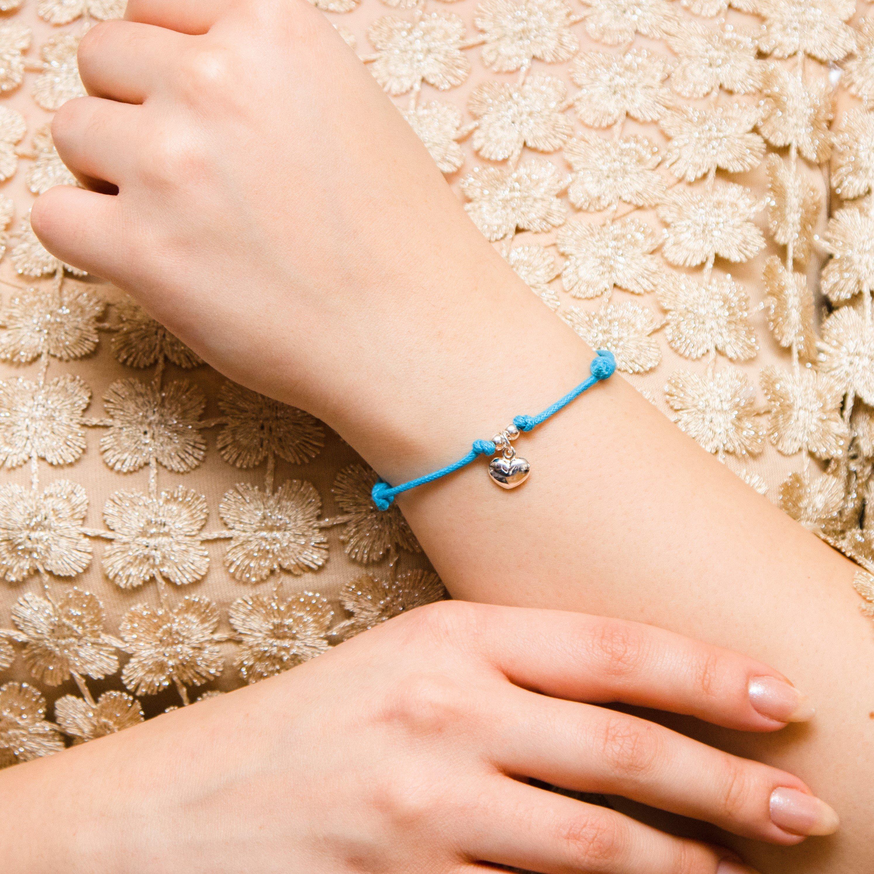 Blue - Be You - Sterling Silver Blue Cord Heart Charm Bracelet - 2