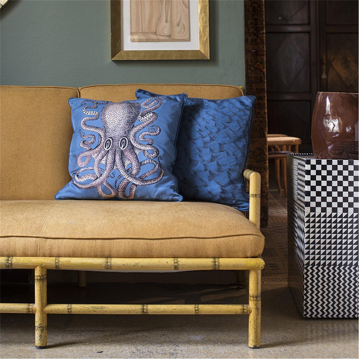 Blue - Fornasetti - Polipo Octopus Silk Reversible Cushion - 45x45cm - 2