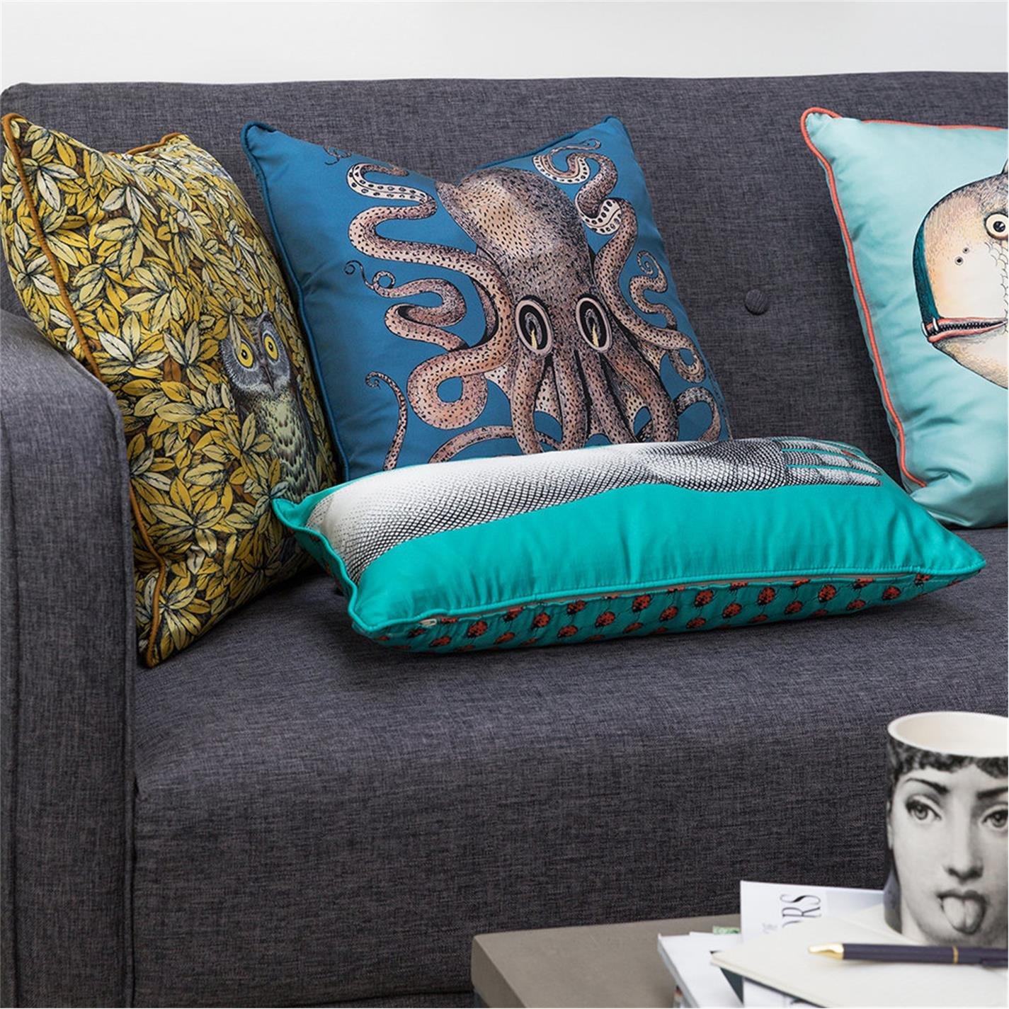 Blue - Fornasetti - Polipo Octopus Silk Reversible Cushion - 45x45cm - 4