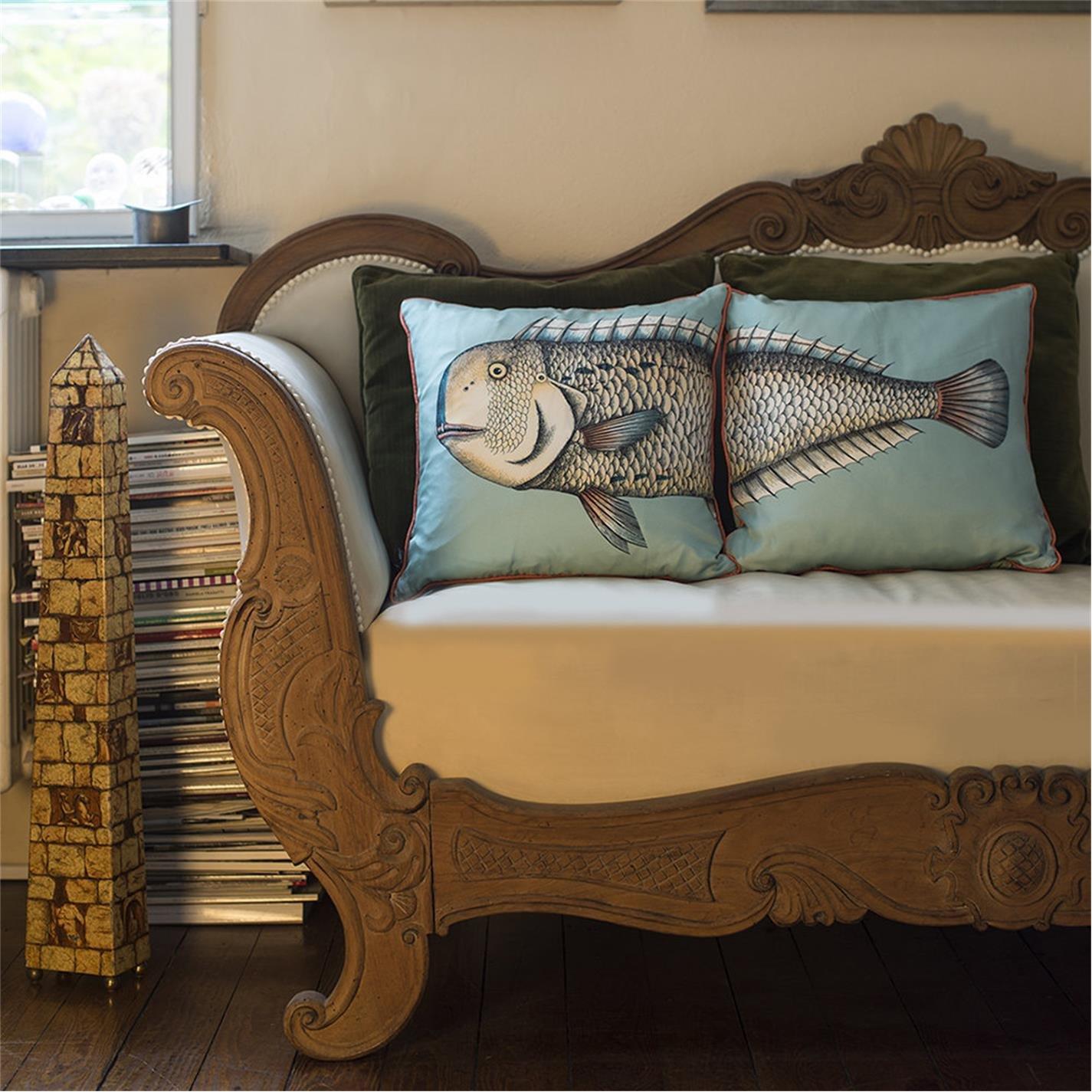 Blue - Fornasetti - Grande Pesce Silk Reversible Cushion - Set of Two - 2