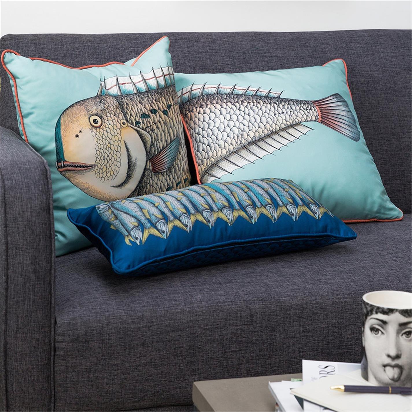 Blue - Fornasetti - Grande Pesce Silk Reversible Cushion - Set of Two - 8