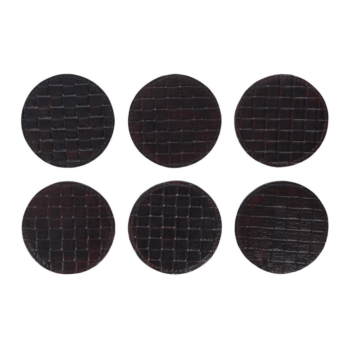 Brown - Luxe - Chocolate Weave Leather Coasters - Round - Set of 6 - 1