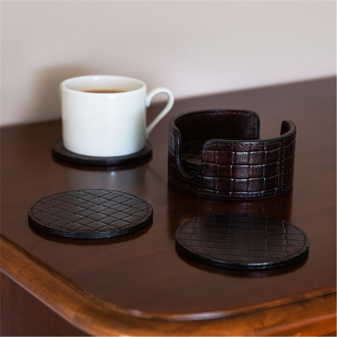 Brown - Luxe - Chocolate Weave Leather Coasters - Round - Set of 6 - 3