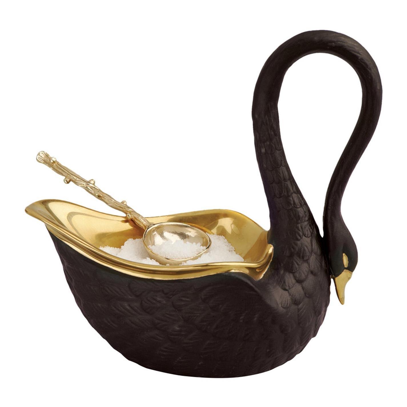 Black/Gold - LObjet - Swan Salt Cellar and Gold Plated Spoon - 1