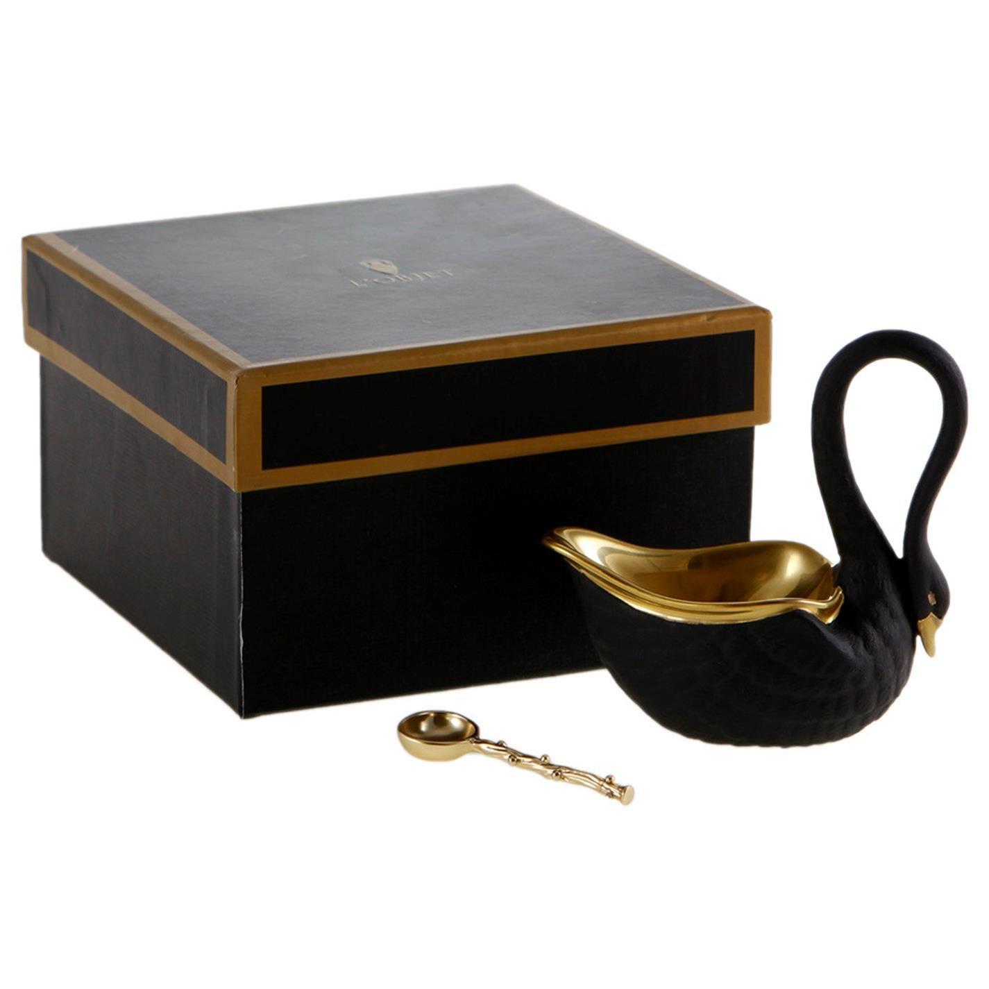 Black/Gold - LObjet - Swan Salt Cellar and Gold Plated Spoon - 3