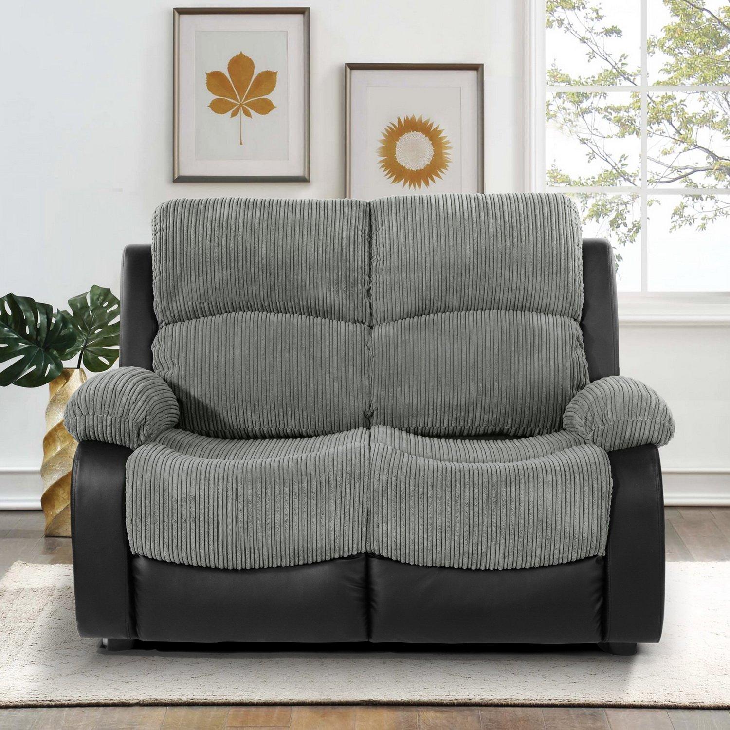 Black - Homelife - Banbury Faux Leather 2 Seater Black Jumbo Cord Sofa - 1