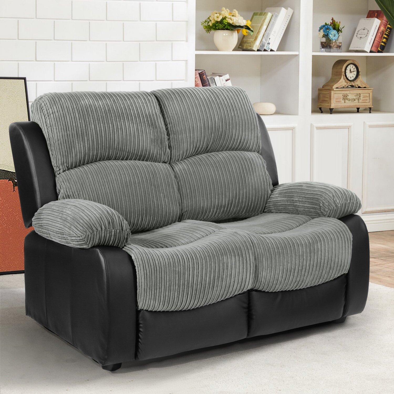 Black - Homelife - Banbury Faux Leather 2 Seater Black Jumbo Cord Sofa - 2