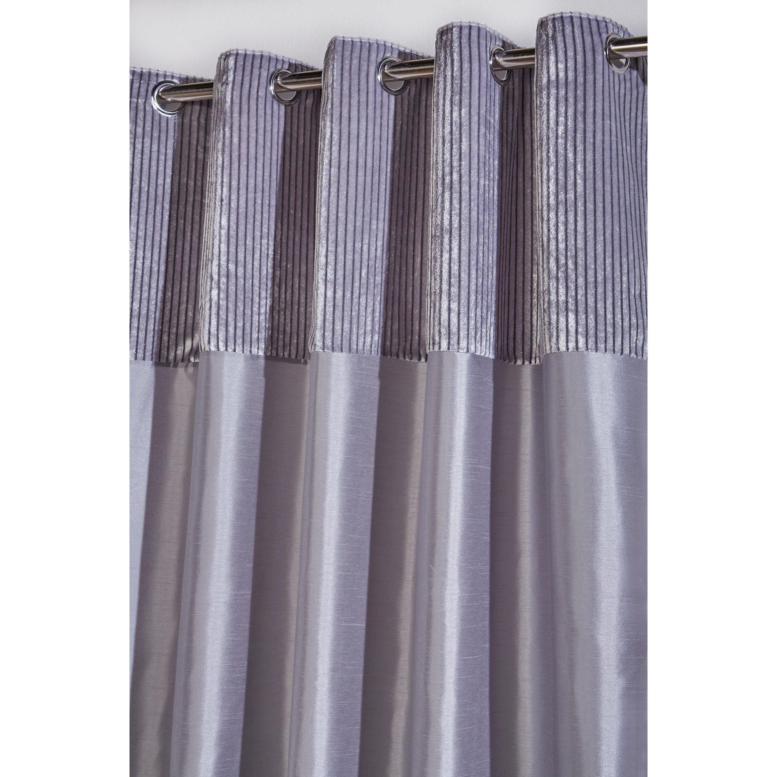 Silver - Homelife - Striped Metallic Cuff with Faux Silk Eyelet Curtains - 2