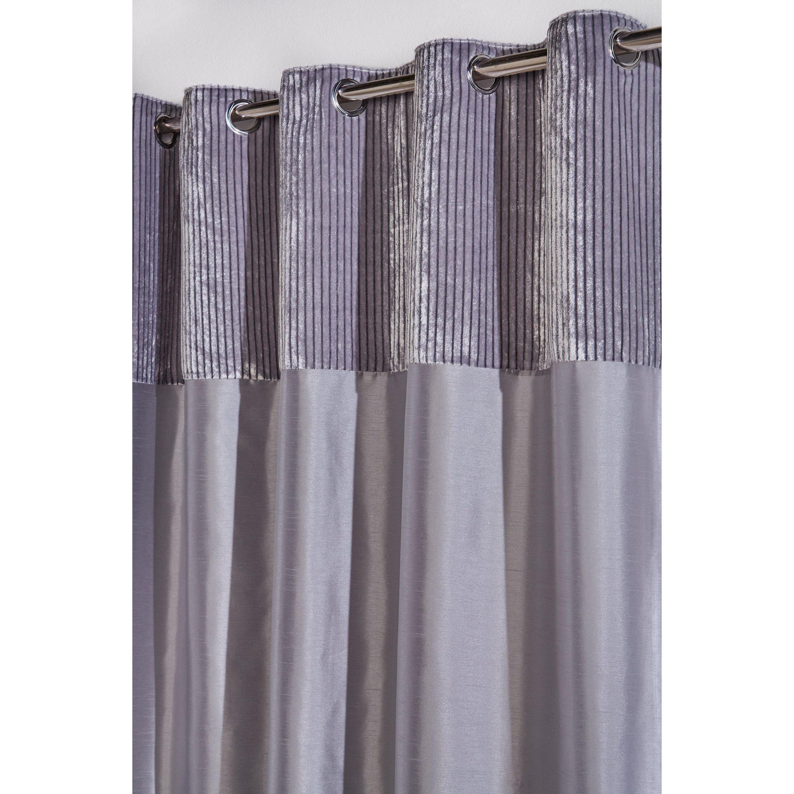 Silver - Homelife - Striped Metallic Cuff with Faux Silk Eyelet Curtains - 3