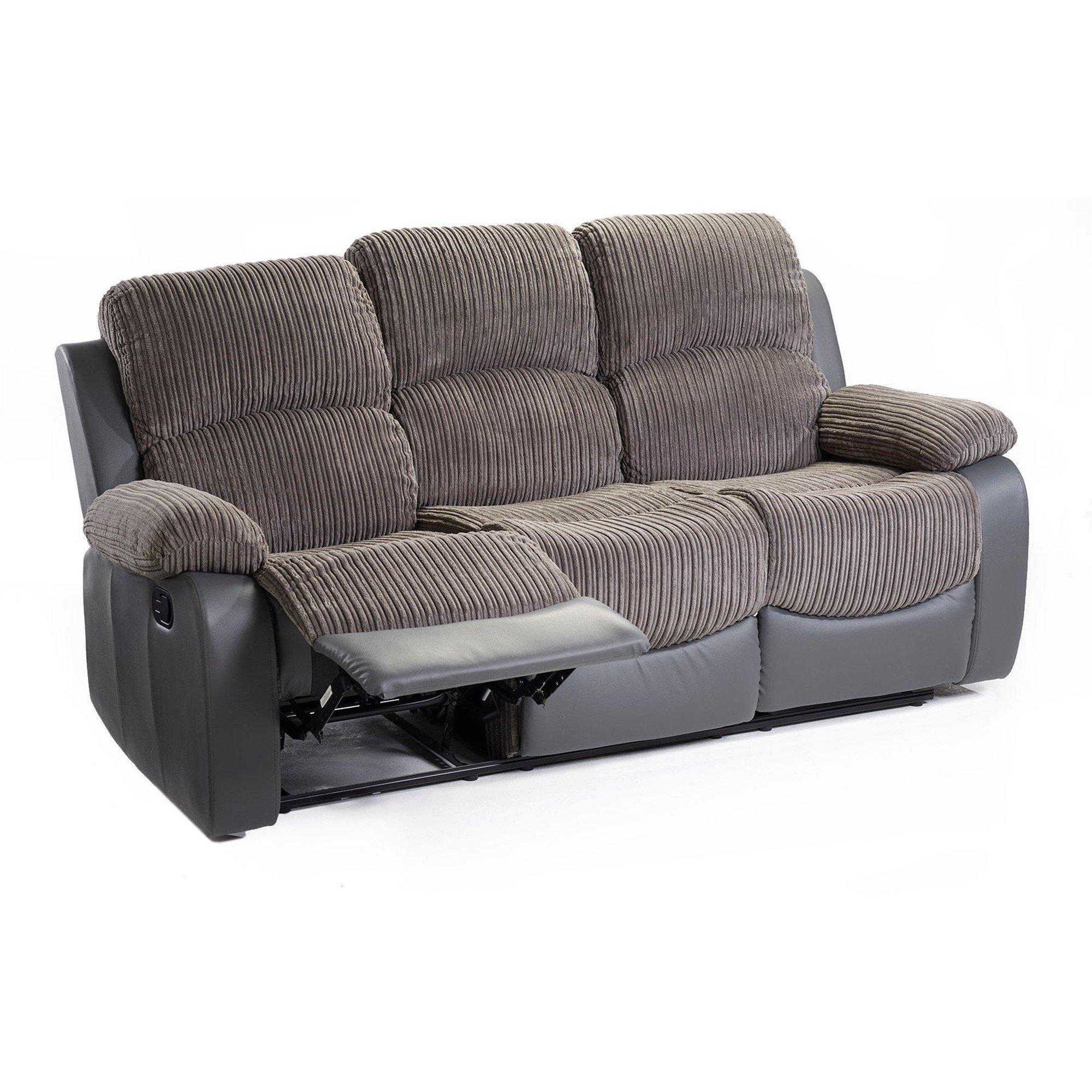Grey - Homelife - Canterbury Cord/Faux Leather Recliner 3 Seat Sofa - 3