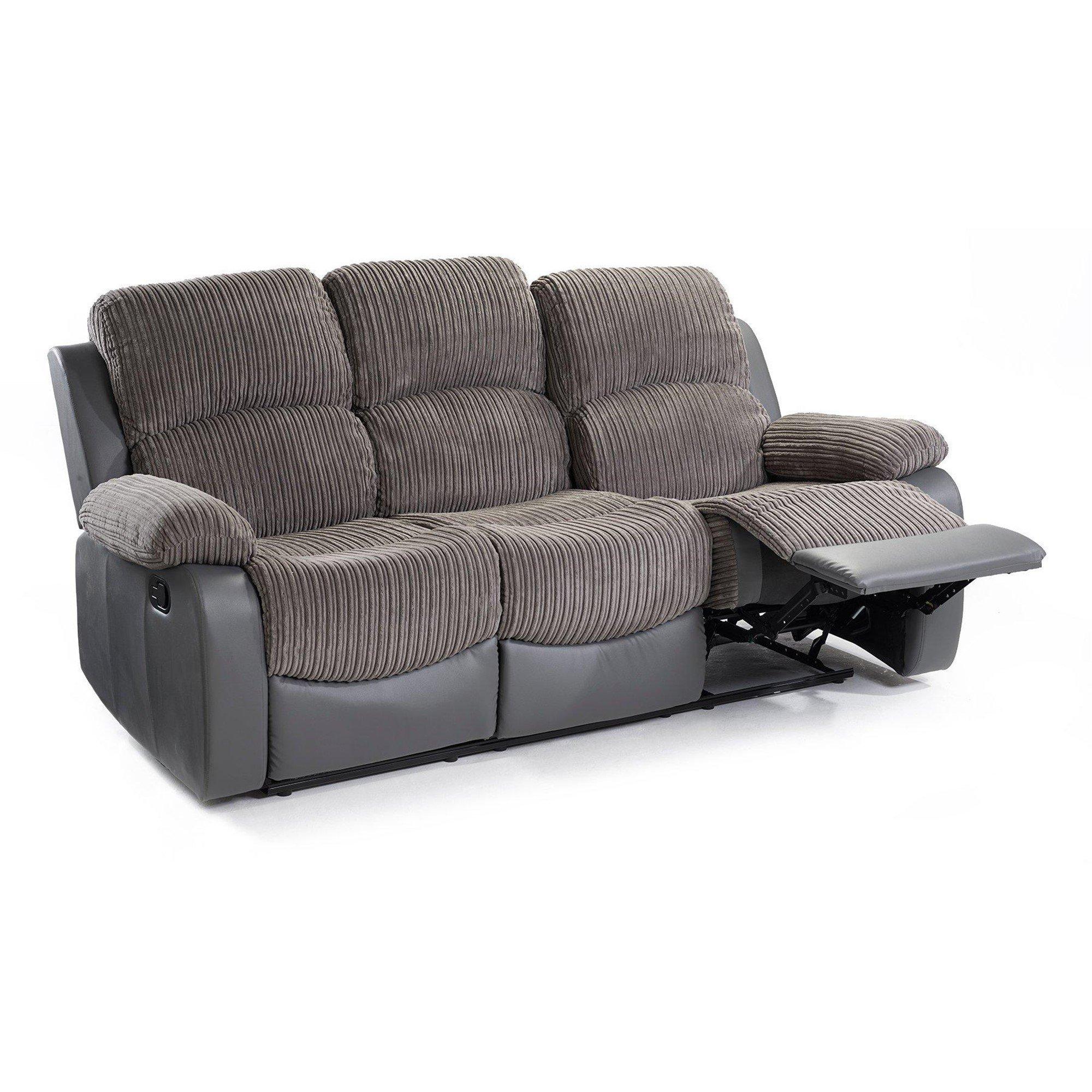 Grey - Homelife - Canterbury Cord/Faux Leather Recliner 3 Seat Sofa - 4