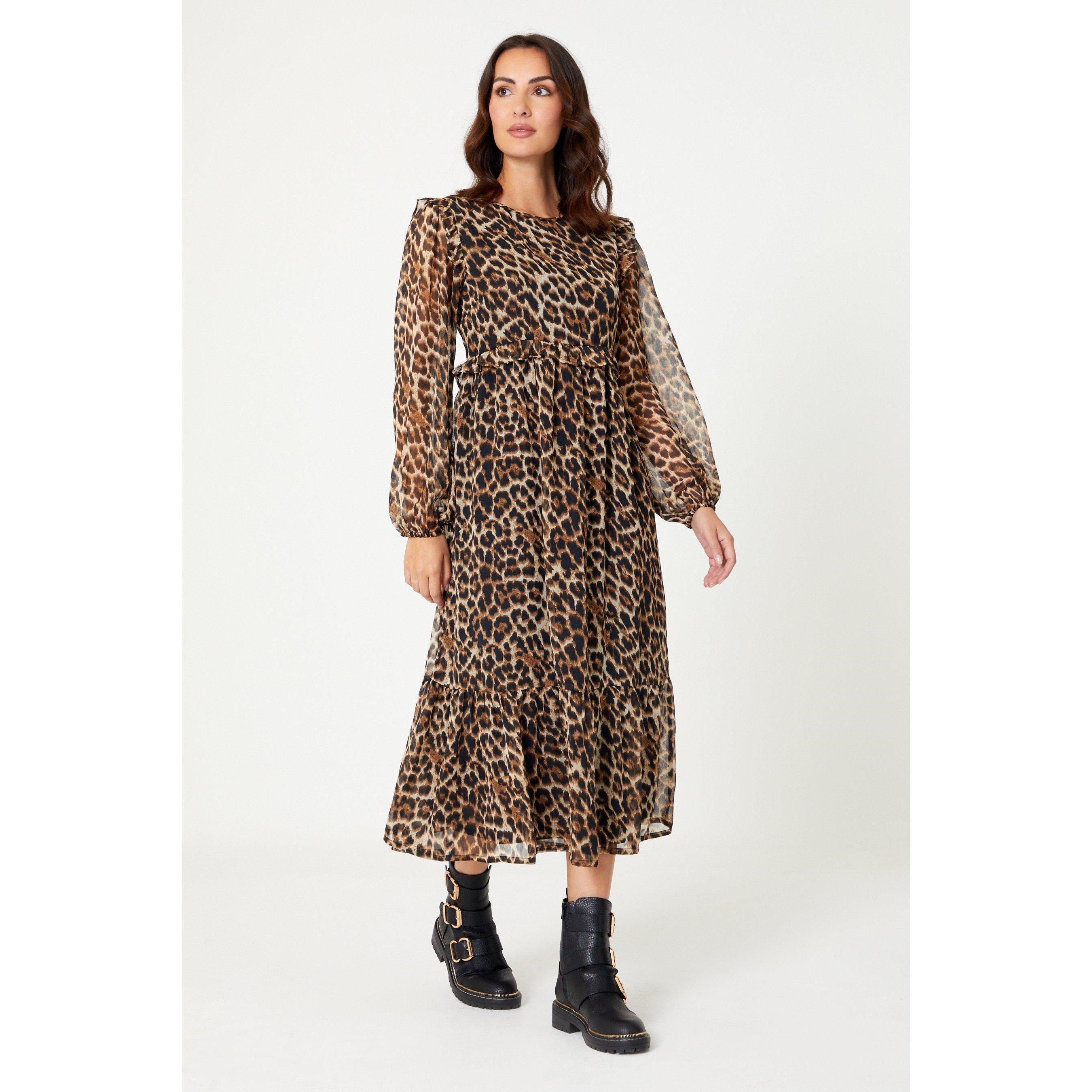 Be You Frill Animal Print Chiffon Midi Dress