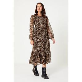 Be You Ladies Frill Animal Print Chiffon Midi Dress